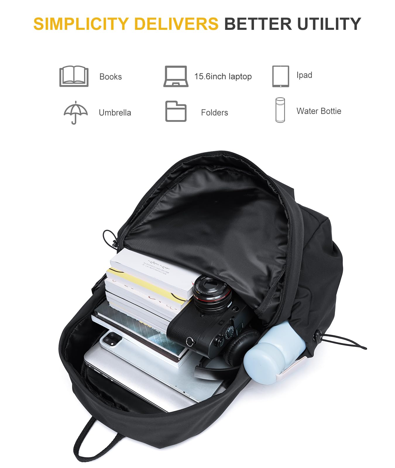 Waterproof Black Backpack for Laptop - Lightweight & Durable College Bookbag, Gym & Travel Daypack for Men & Women | Perfect for Work, School & Outdoor Adventures
