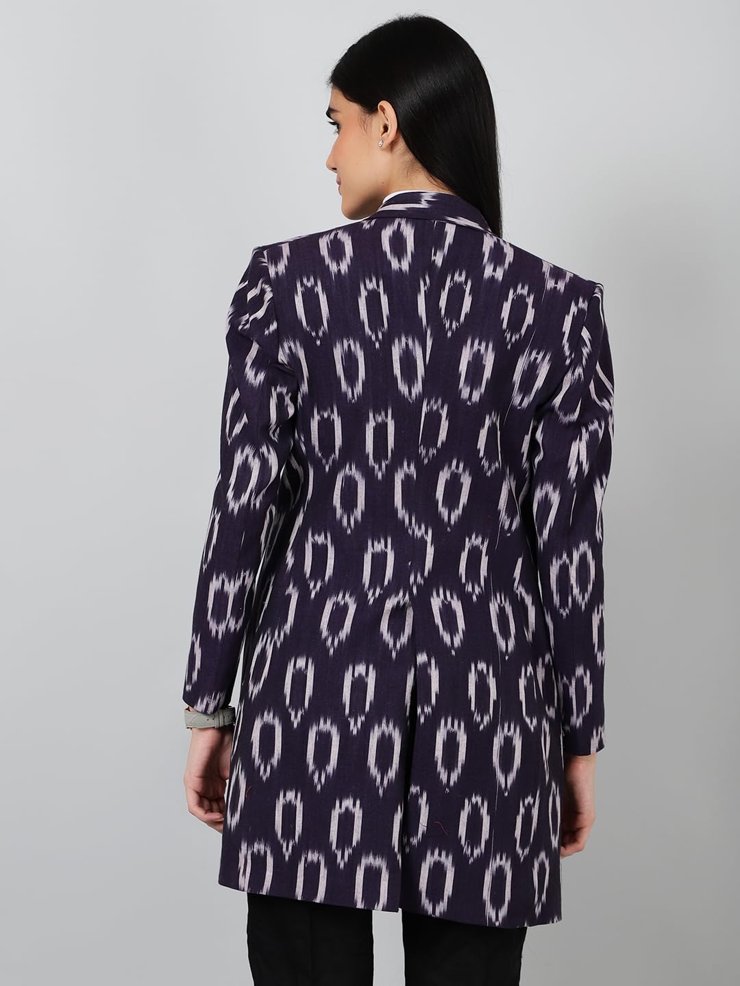 Women's Ikat Print Purple Cotton Blazer Jacket - Lightweight Office Wear & Spring Fashion for Business Casual Outfits