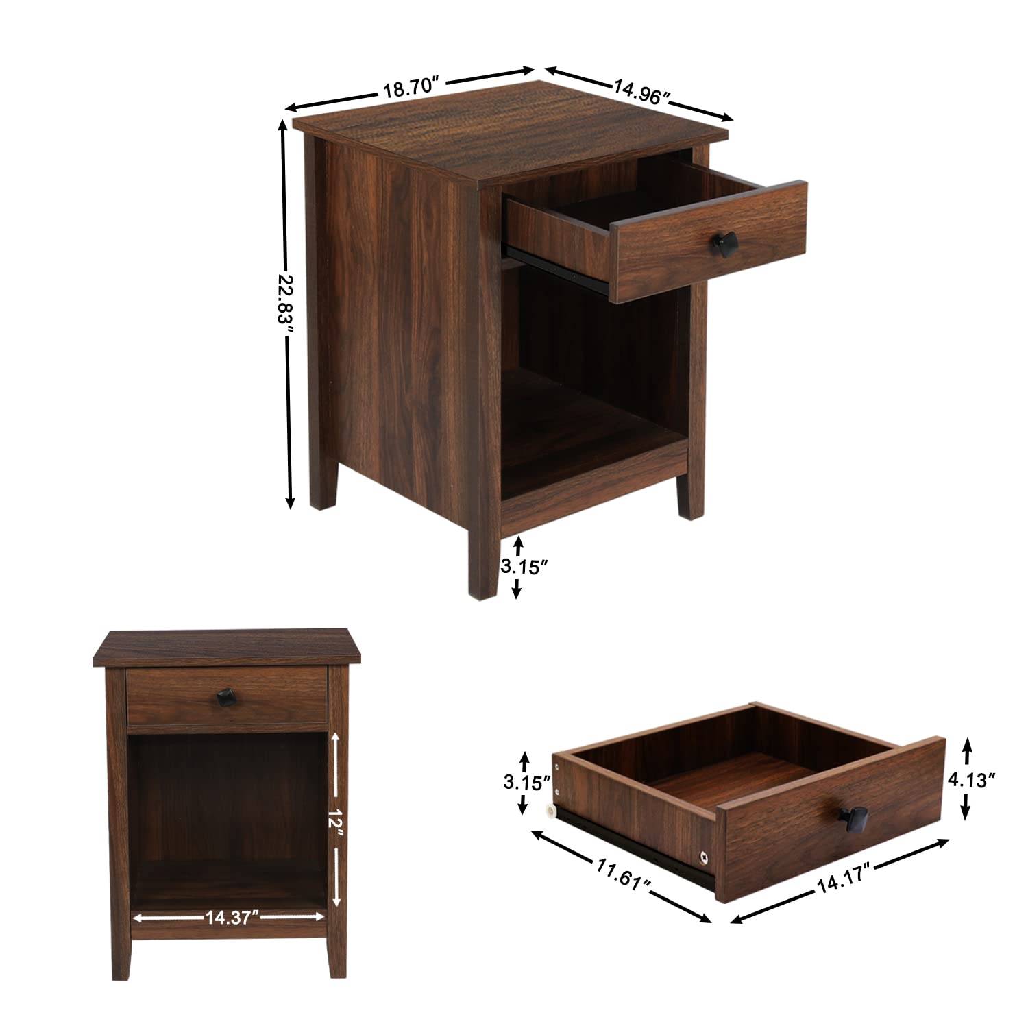 GBU Bedroom Nightstands - Set of 2 Wooden Night Stands with Drawer, Large Storage End Tables for Bedroom (18.11