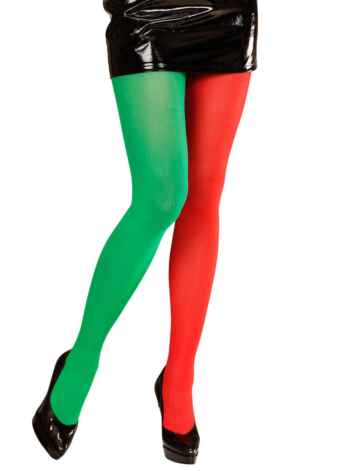 Bicolor XL Pantyhose - Red & Green Tights for Women, Holiday & Christmas Party Wear, Fashion Hosiery for Festive Outfits
