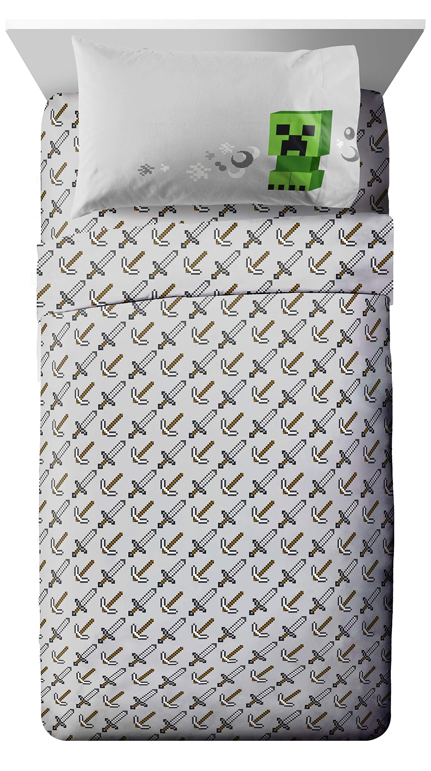 Jay Franco Minecraft Chibi College 4-Piece Twin Bed Set - Reversible Comforter & Sheet Set with Creeper & Ghost Design - Ultra Soft Fade-Resistant Microfiber Bedding for Kids & Teens - Perfect for Dorm Rooms, Sleepovers & Gaming Themed Bedrooms