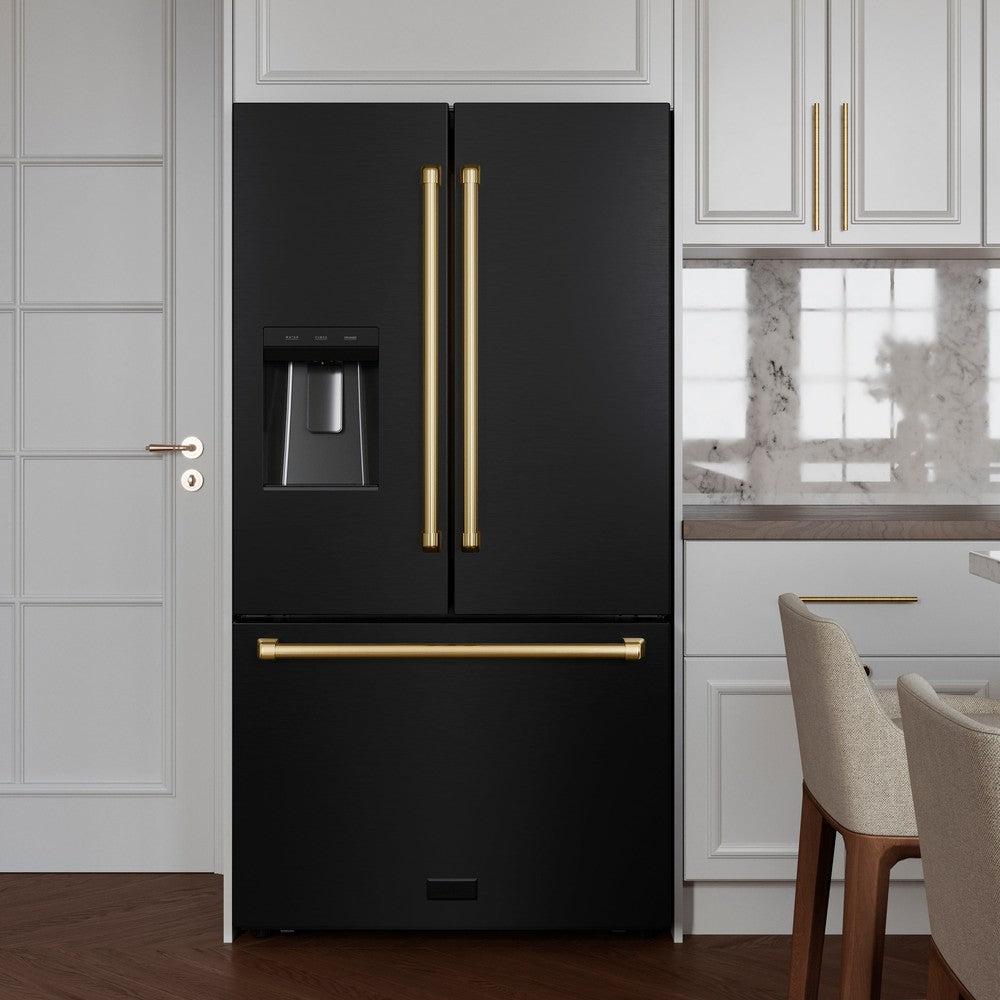 ZLINE Autograph Edition 36 Inch French Door Refrigerator - 28.9 cu ft Capacity, External Water Dispenser, Dual Ice Maker, Fingerprint Resistant Black Stainless Steel with Polished Gold Handles (RSMZ W 36 BS G) - Perfect for Modern Kitchens, Entertaining & Large Family Storage