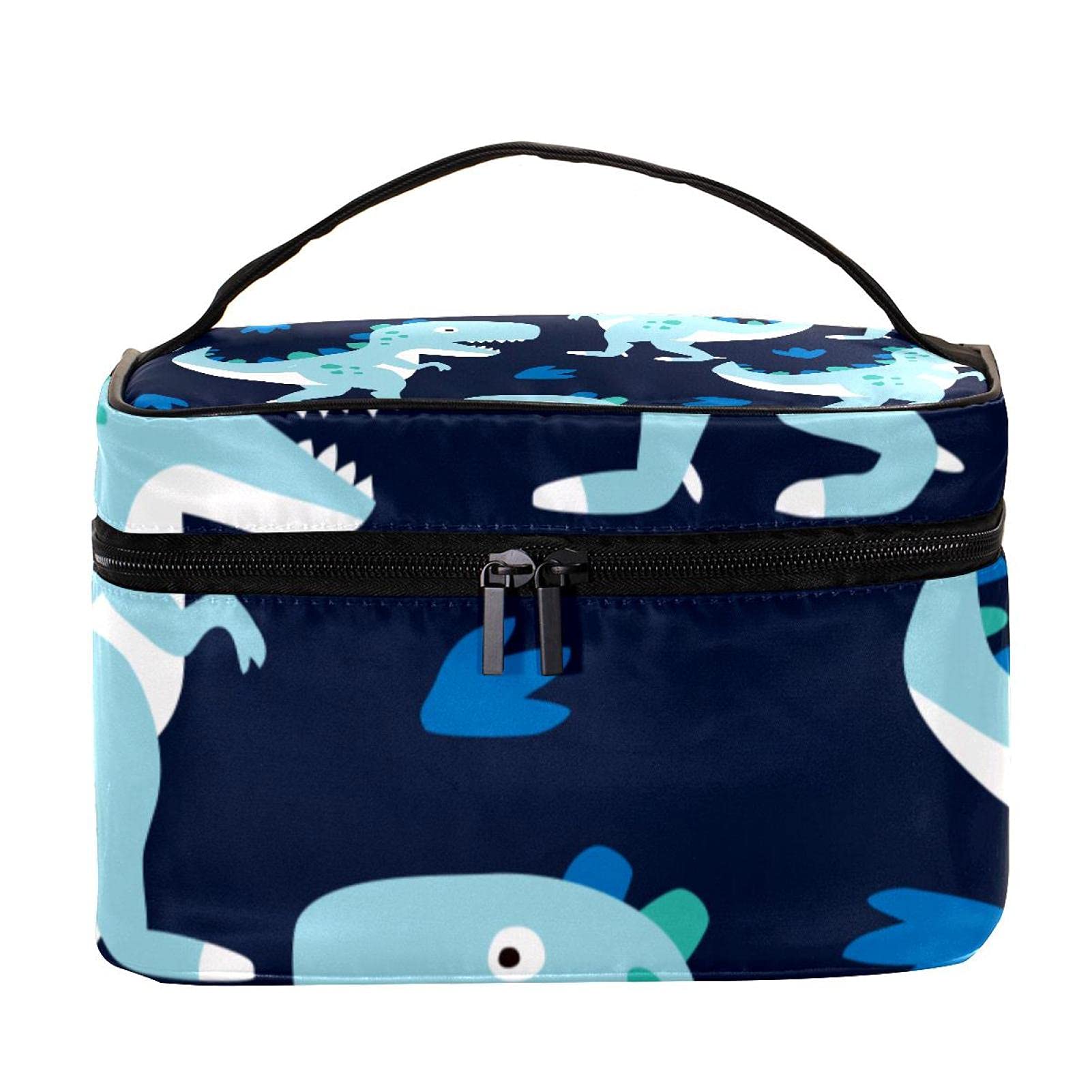 **Dinosaur Pattern Navy Blue Travel Makeup Bag - Large Cosmetic Organizer with Zipper for Women & Girls - Perfect for Travel, Gym, and Daily Use**