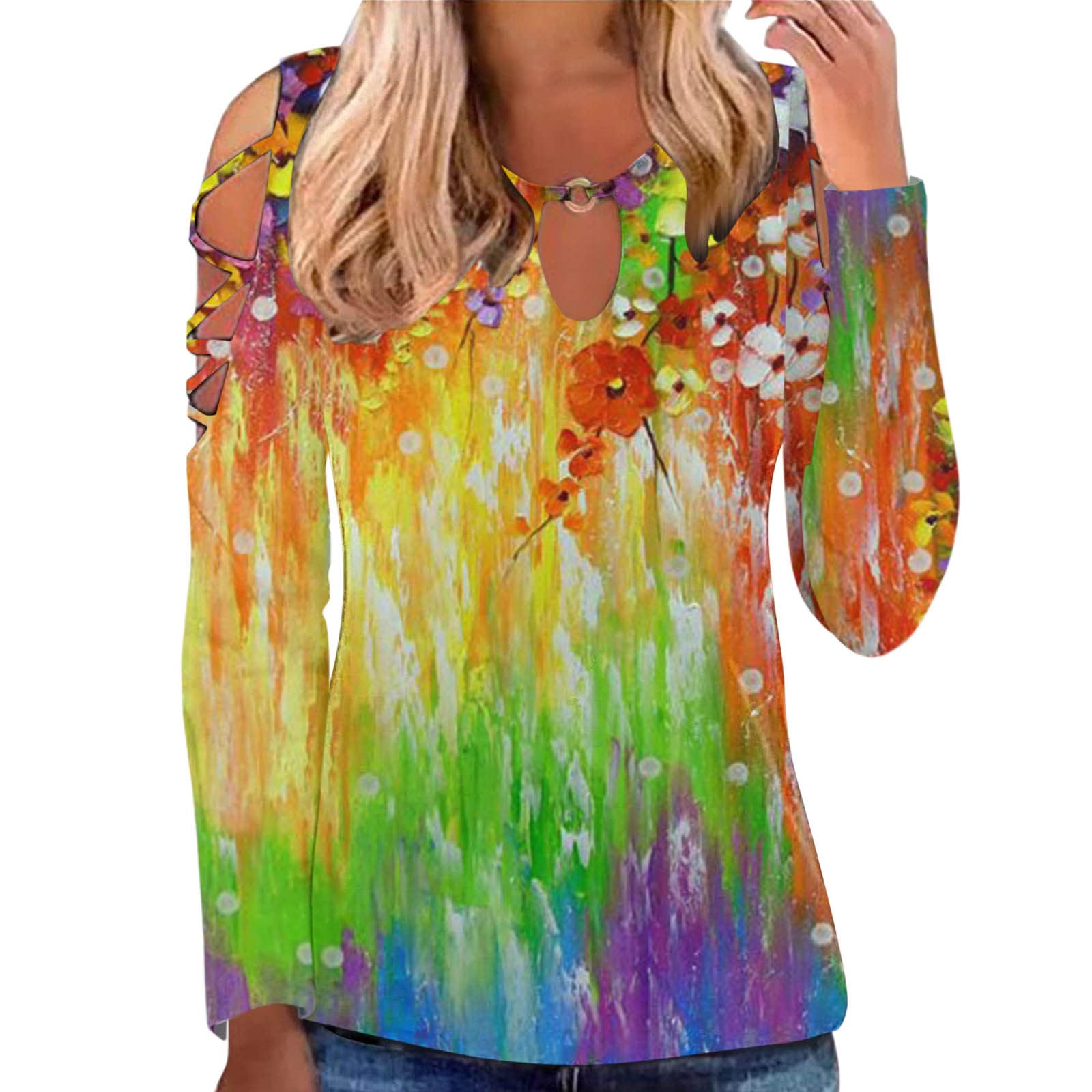Women's Long Sleeve Hollow Out Tops - Sexy Crewneck Cold Shoulder Casual T-Shirts for Everyday Wear & Date Night Outfits