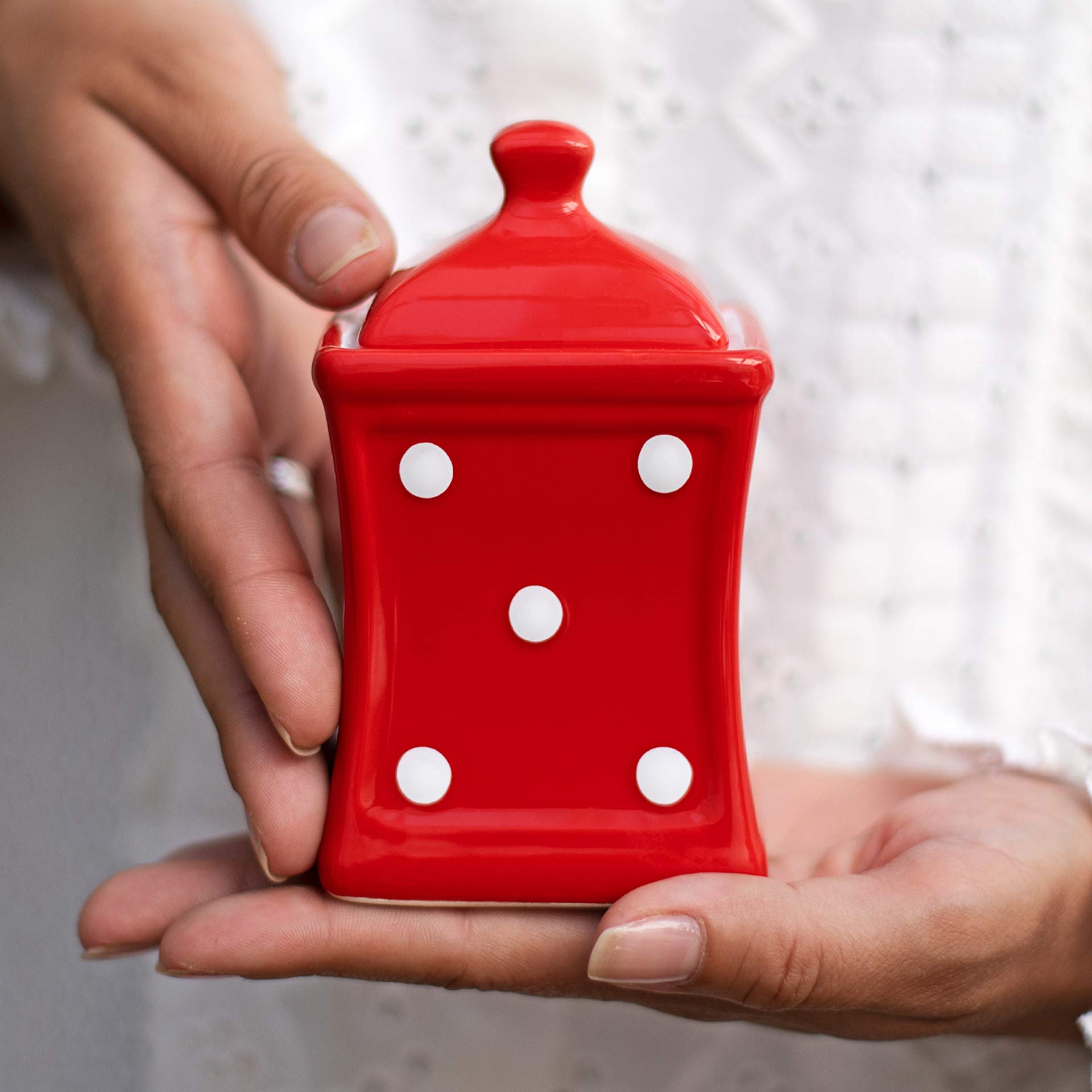 Handmade 5.3oz/150ml Ceramic Spice Jar with Lid - Small Kitchen Storage Canister for Herbs, Salt, Pepper | Rustic Pottery Container, Housewarming Gift Idea by City to Cottage (Red Polka Dot) | Perfect for Pantry Organization, Cooking Essentials & Countertop Decor