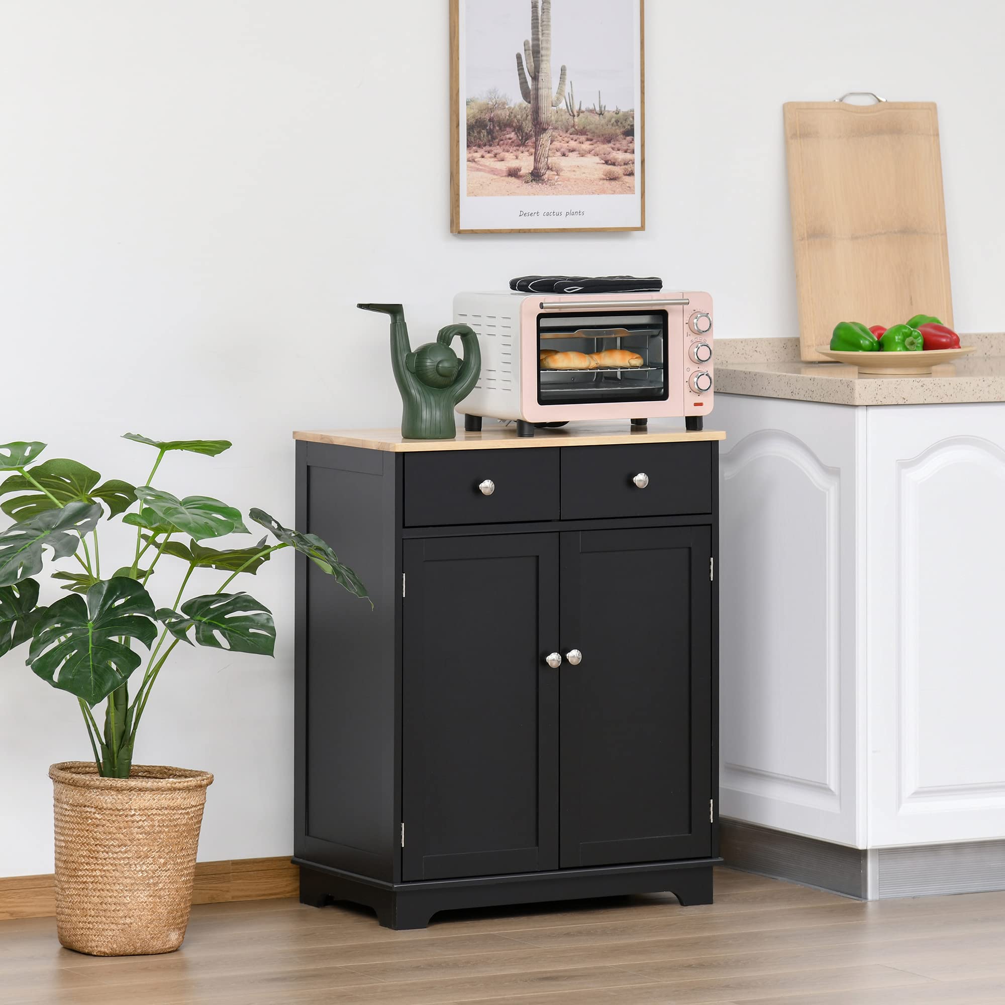 HOMCOM Modern Sideboard with Solid Wood Countertop - Kitchen Storage Cabinet, Coffee Bar Organizer with 2 Drawers & Doors, Adjustable Shelf - Black - Perfect for Dining Room, Living Room & Home Office Storage