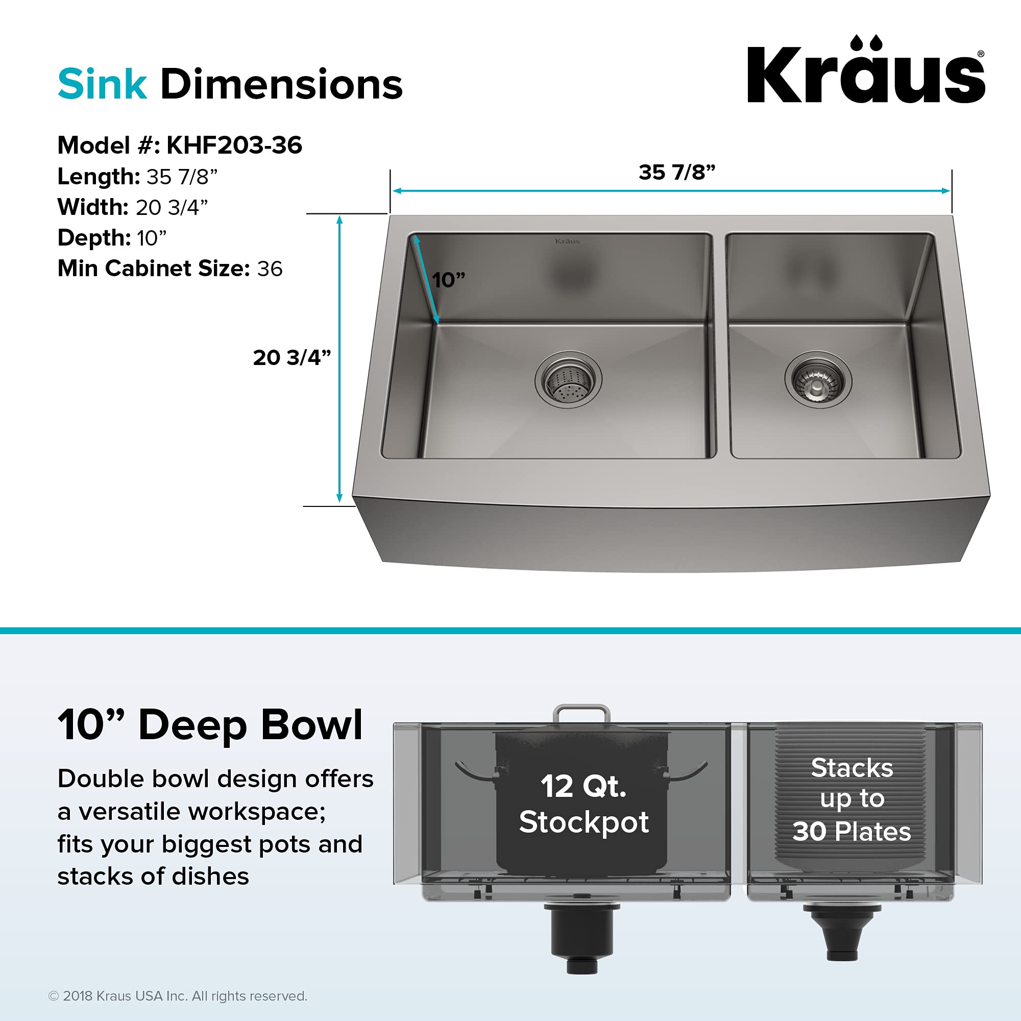 KRAUS Standard PRO™ 36-inch 16 Gauge 60/40 Double Bowl Stainless Steel Farmhouse Kitchen Sink with WasteGuard™ Continuous Feed Garbage Disposal - KHF203-36-100-75MB | Durable & Stylish for Modern Kitchens, Perfect for Busy Home Chefs & Large Families