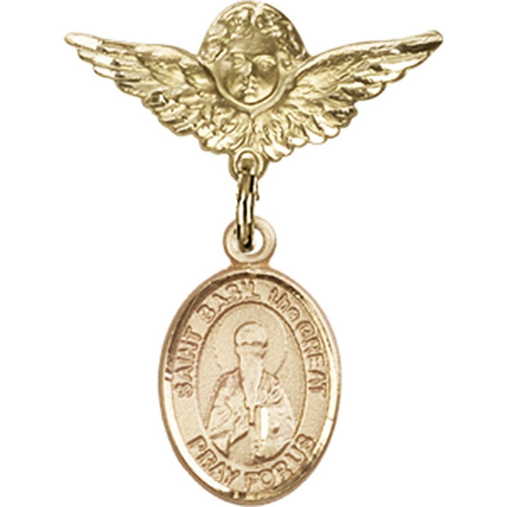 Gold Filled St. Basil The Great & Angel Wing Charm Badge Pin - 1 x 3/4 Inch Baby Keepsake for Christening, Baptism & First Communion Gifts