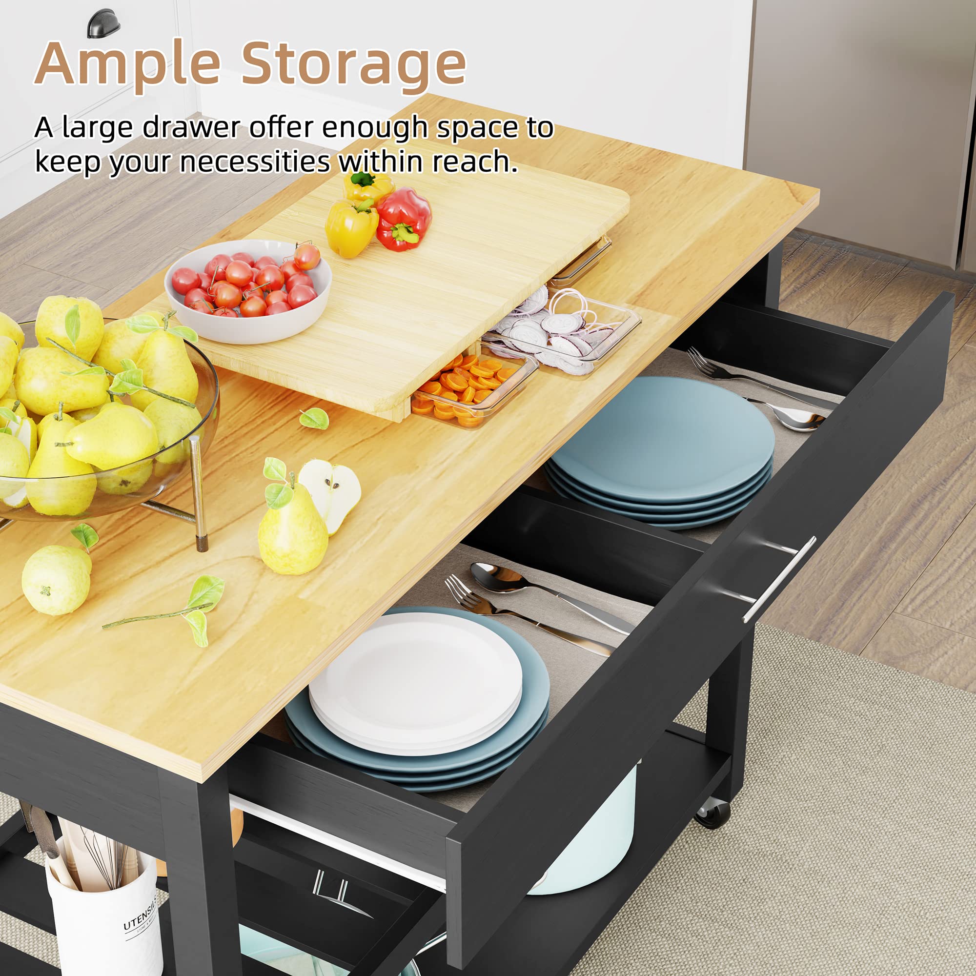 Shintenchi Kitchen Island Cart with Storage - Rolling Mobile Kitchen Cart with Large Worktop, Storage Cabinet, Towel Rack, Drawers & Open Shelves - Perfect for Small Kitchens, Dining Rooms & Apartments (Black)