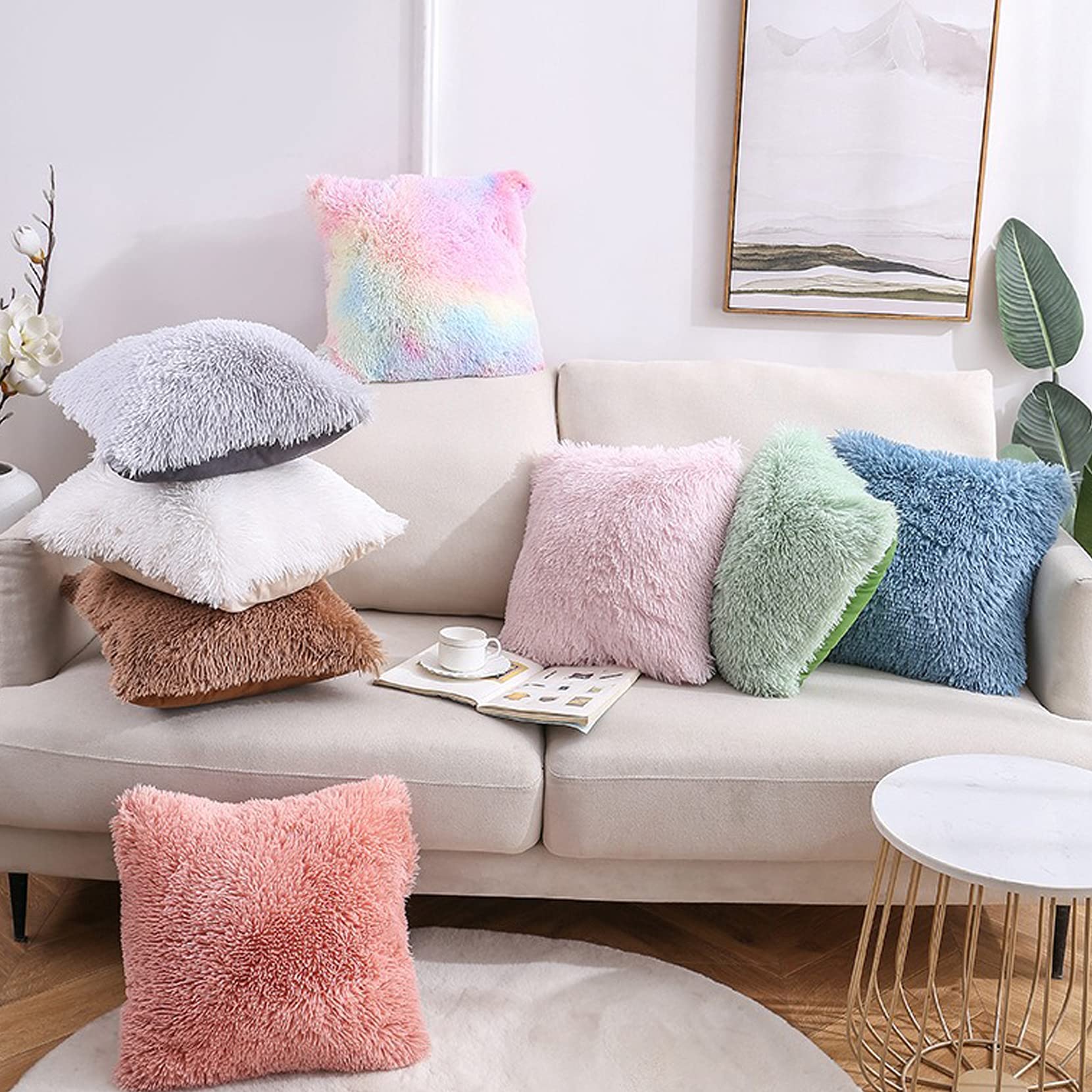 Luxury Soft Faux Fur Throw Pillow Covers - Pack of 2, Red & Peach Blush Plush Decorative Pillow Cases with Tie-Dye Pattern for Sofa, Couch, Living Room & Bedroom - Perfect for Cozy Home Decor, Girls' Room Accents & Stylish Interior Design