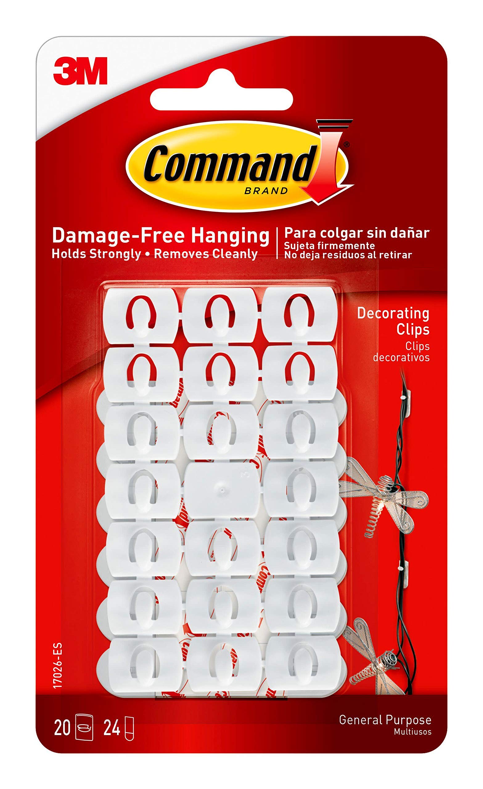 Command 17026 White Decorative Clips - 20-Pack Adhesive Hooks for Hanging Photos, Keys & Decor - Damage-Free Wall Mounting for Home & Office Organization