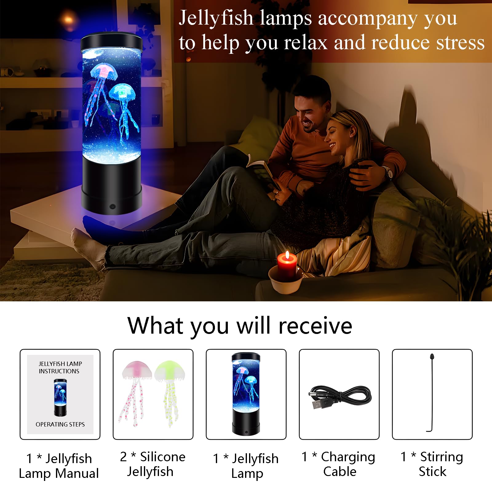 7 Color Changing Jellyfish Lamp - USB/Battery Powered Night Light, Aquarium Desk Lamp for Home, Bedroom, Office - Perfect Gift for Kids, Adults - Creates a Relaxing Ambiance for Study, Sleep & Meditation