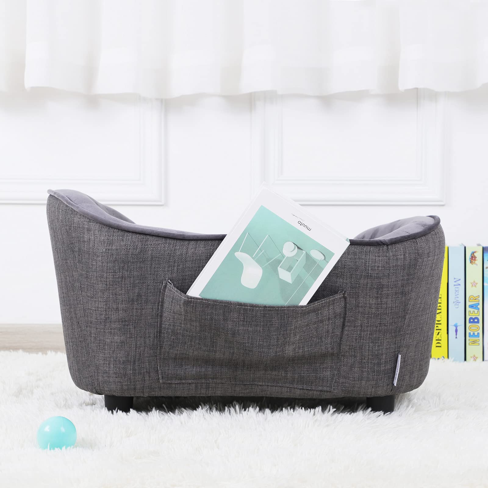 Premium Velvet & Linen Pet Sofa Bed - Washable Dog Couch for Small Dogs & Cats, Comfortable Gray Pet Bed for Living Room, Bedroom & Home Decor
