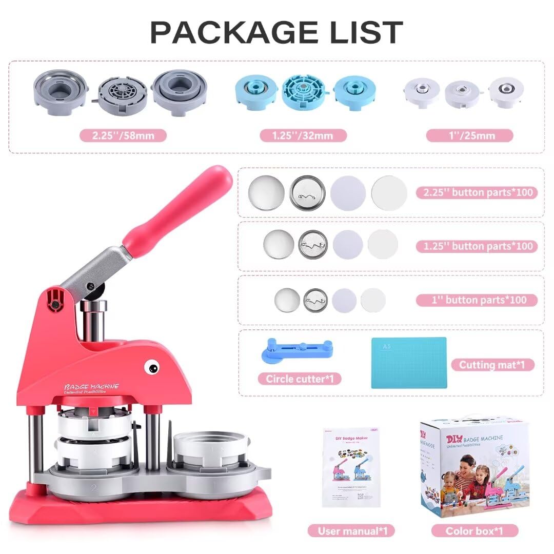 Button Pin Maker Machine Kit - 300 Pcs 1'', 1.25'', 2.25'' Badge Press with Dies, Refills & Circle Cutters for DIY Custom Pins - Perfect for Events, Parties, Fundraisers & Craft Projects