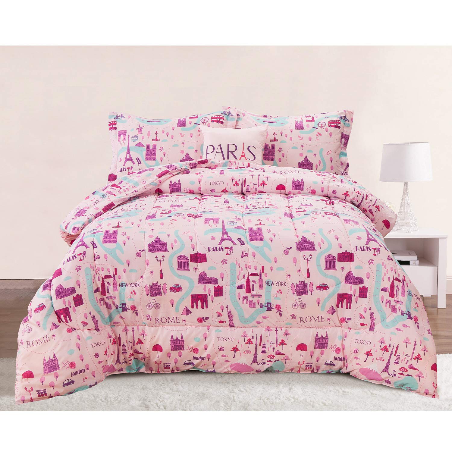 Paris Rome Tokyo New York Landmarks 4-Piece Comforter Set with Throw Pillow - Full/Queen Size Pink & Purple Travel Themed Bedding by Aubrie Home Accents | Perfect for Wanderlust Bedrooms & Gift Ideas
