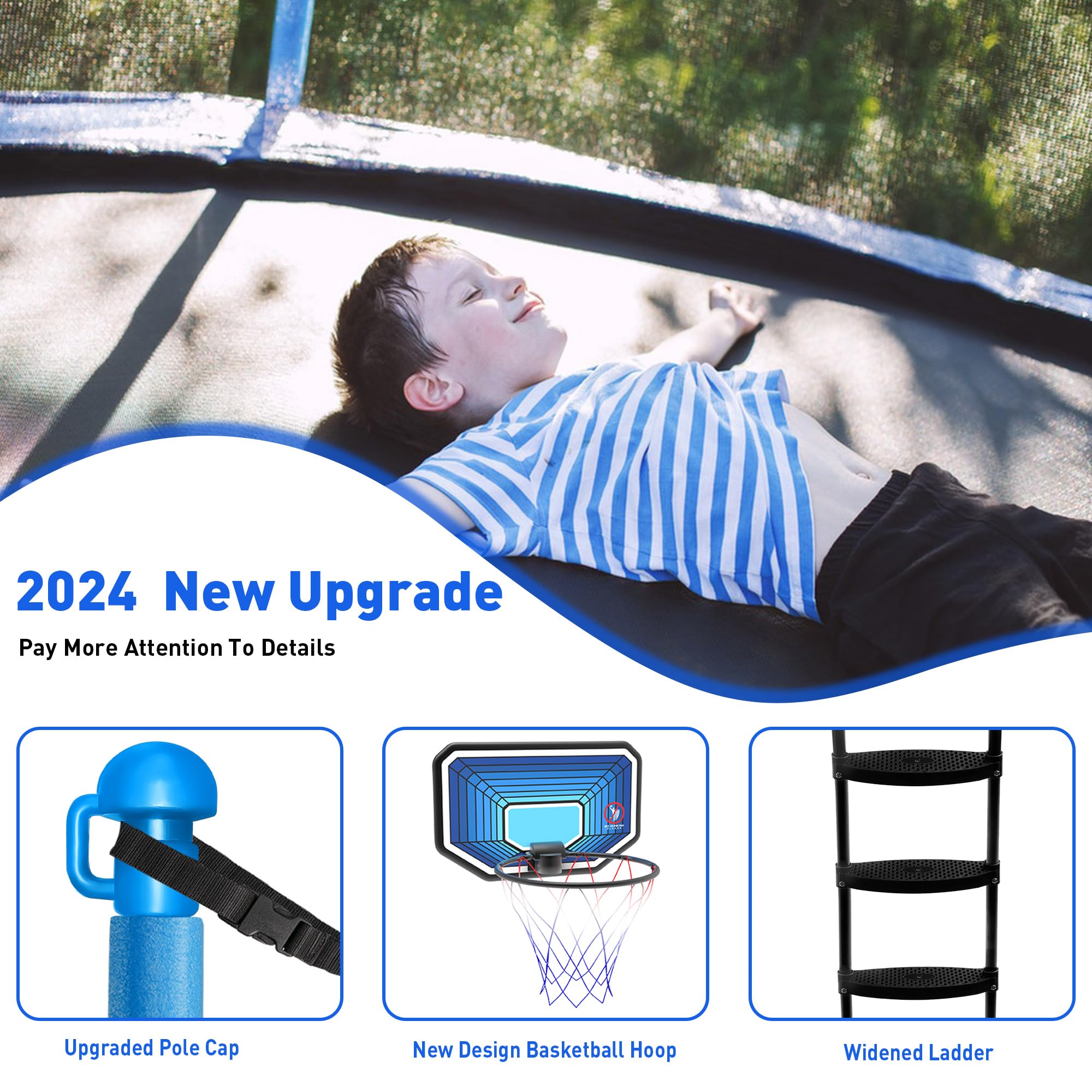 DeepRoar Trampoline for Kids & Adults - 1500LBS Capacity, 8FT to 16FT Sizes with Basketball Hoop, Safety Enclosure Net & LED Lights | Heavy Duty Outdoor Trampoline with Sprinkler, Socks & ASTM Certification | Perfect for Backyard Fun, Exercise & Family Bonding