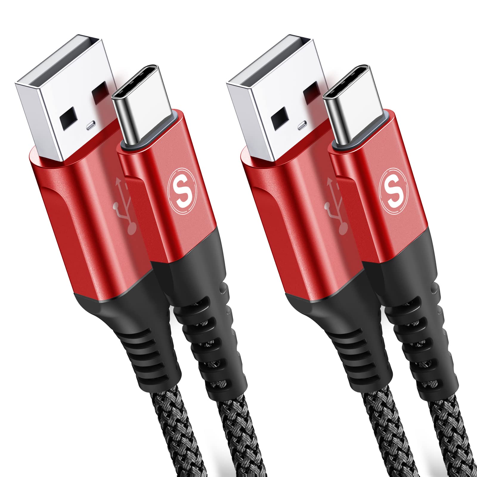 Sweguard 2-Pack 3.3ft USB-A to USB-C Fast Charging Cable 3.1A Braided Cord - Compatible with Samsung Galaxy S20/S10/S9/S8/Note 10/9/8, PS5 Controller & More - Durable Red & Black Design for Home, Office & Travel Charging