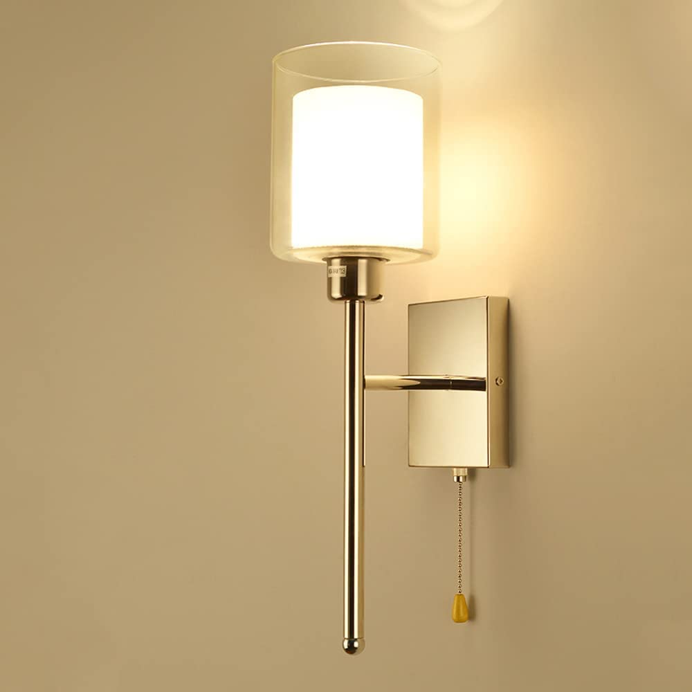 Modern E27 Wall Lamp with Cylindrical Glass Shade & Stainless Steel Base - Dimmable Wall Sconce Lighting for Bedroom, Living Room, Hallway - Energy Efficient LED Wall Light for Home Decor & Ambient Lighting