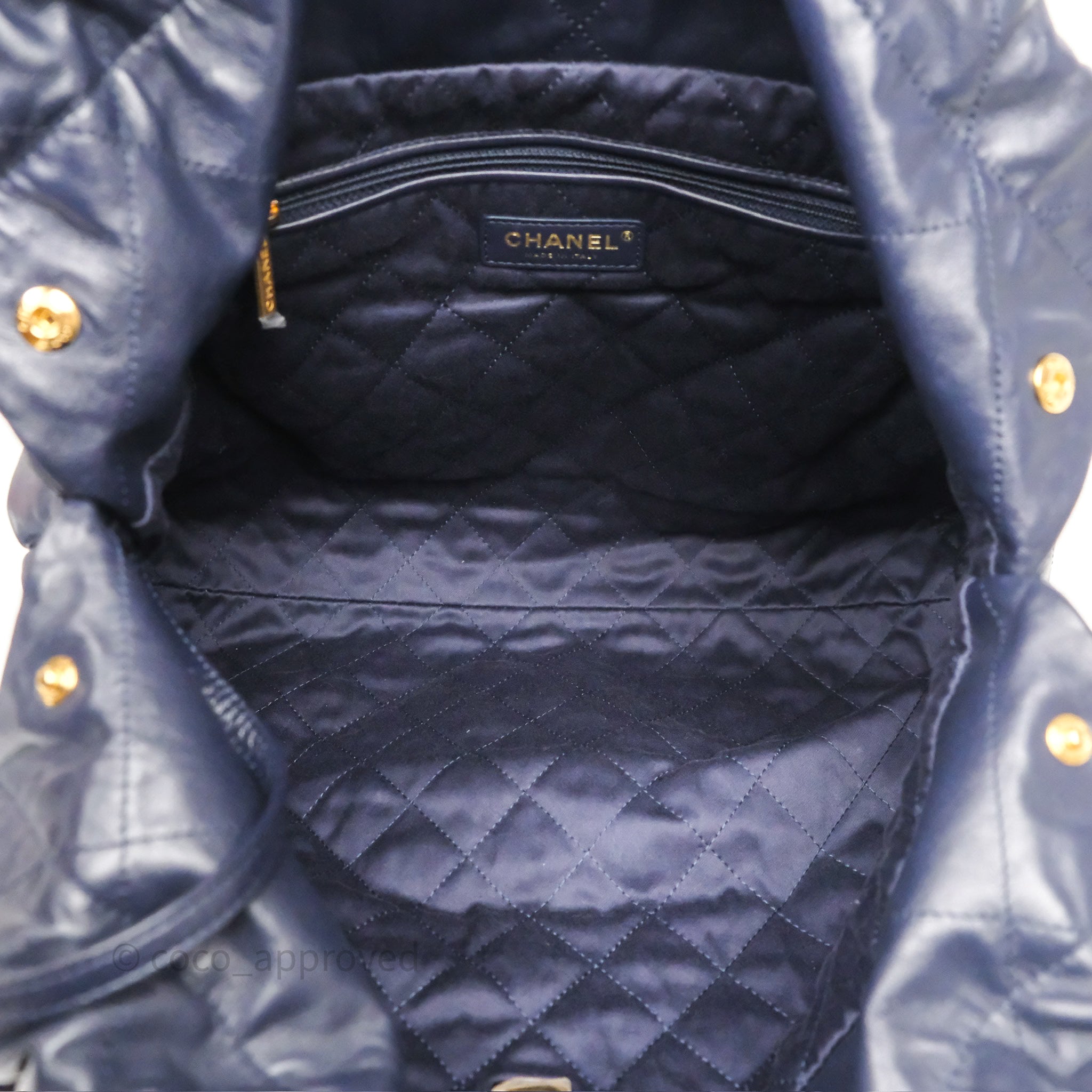 Chanel 22 Medium Handbag Navy Blue Shiny Calfskin Leather with Aged Gold Hardware - Luxury Designer Shoulder Bag for Women, Perfect for Work, Travel & Evening Events