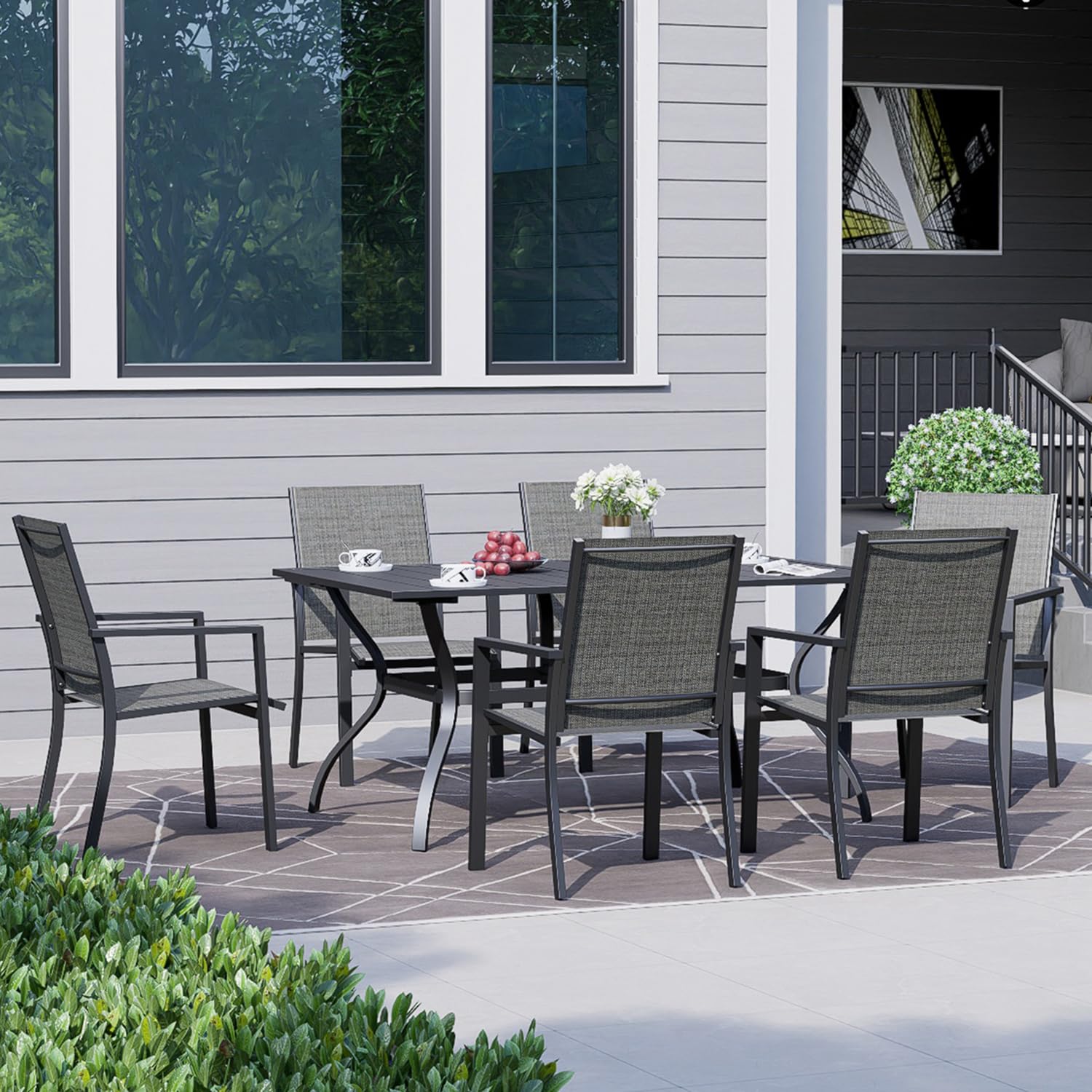 63x38 Inch Black Outdoor Metal Frame Rectangle Patio Dining Table with Slat Top & Umbrella Hole - Seats 6 - Perfect for Backyard BBQs, Garden Parties & Poolside Dining