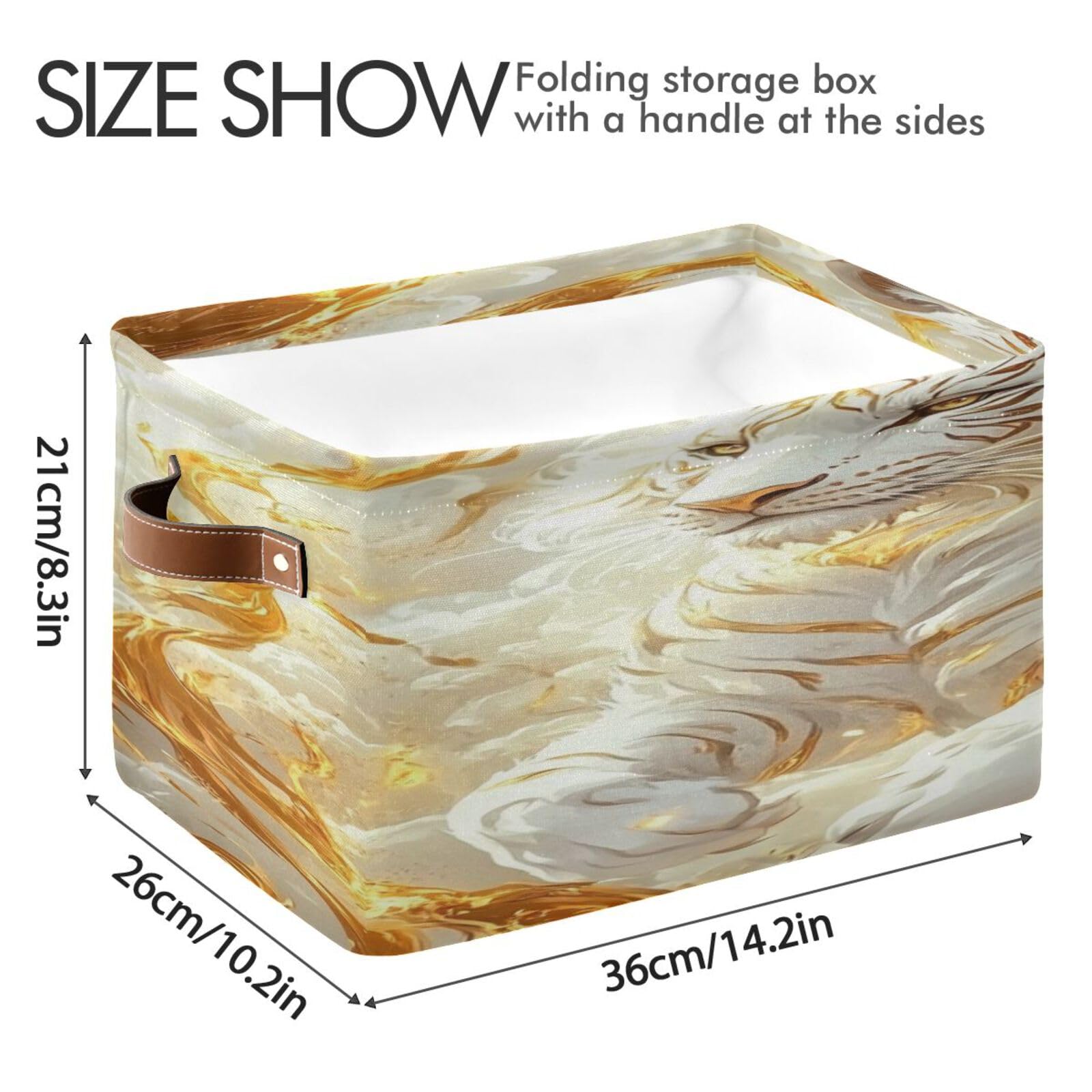 Large Foldable Storage Baskets with Handles - 2 Pack Golden Swirling White Tiger Pattern for Home Organization, Closet & Shelf Storage | Perfect for Bedroom, Bathroom & Kids Room Organization