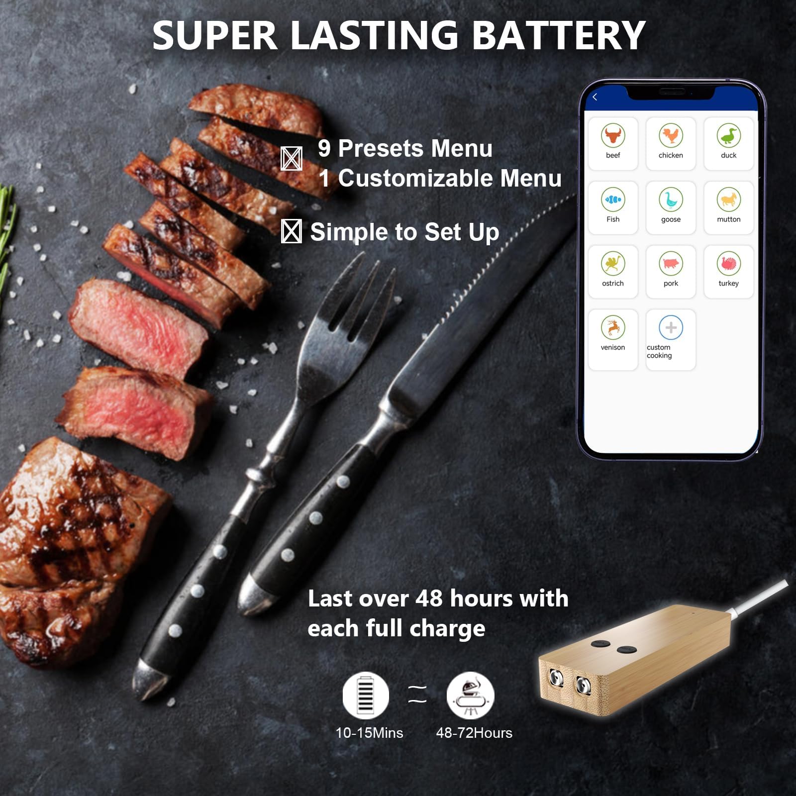 Wireless Meat Thermometer Digital with 2 Ultra-Thin Probes & 800FT Bluetooth Range - Smart Cooking Thermometer for BBQ, Grilling, Oven, Smoker, Rotisserie | Perfect for Indoor & Outdoor Cooking, Backyard Parties, and Professional Kitchen Use