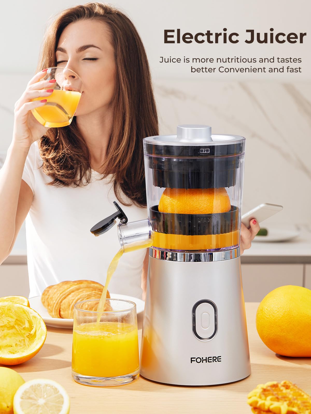 FOHERE Electric Citrus Juicer - Automatic Orange/Lemon Squeezer with Power Cord, One-Touch Operation, Easy to Clean, Portable Fruit Juicer for Home & Kitchen (Silver) - Perfect for Fresh Juice, Cocktails, and Healthy Breakfasts