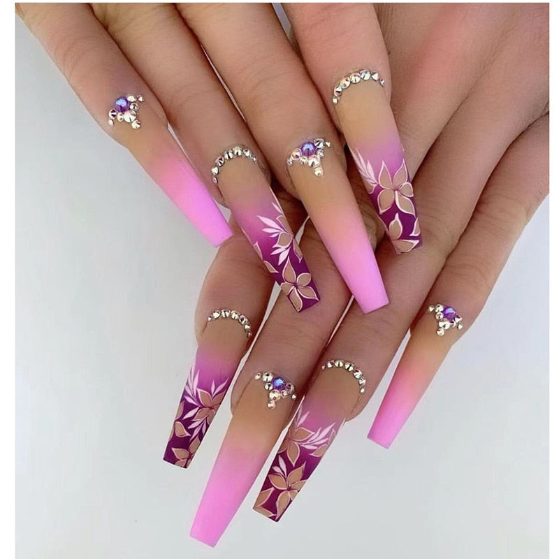 1 Kit Purple Gradient Ramp Long Square Ballerina Press On Nails with Rhinestones - Luxury DIY Fake Nails for Home Manicure, Parties & Special Occasions