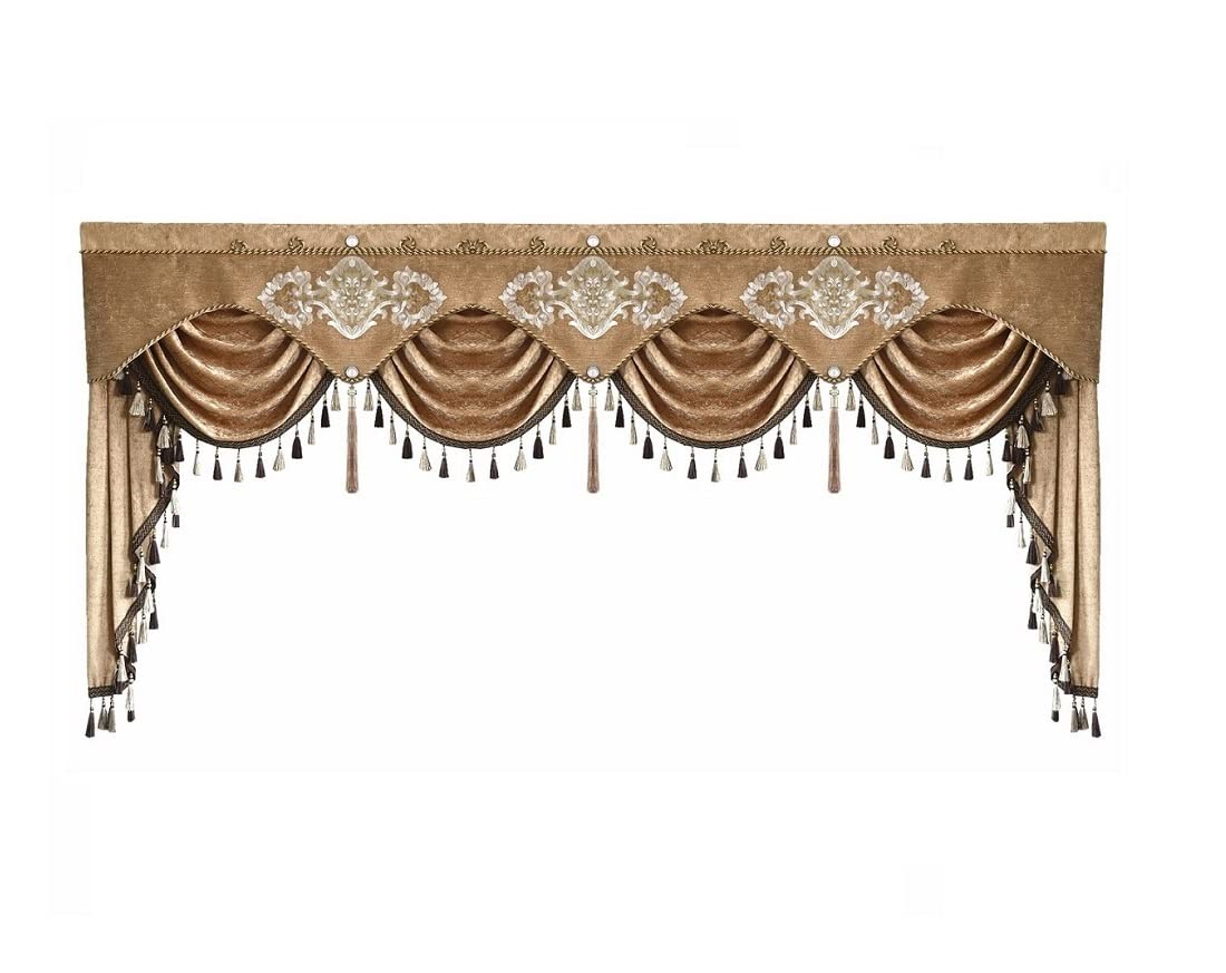 Extra Wide European Brown Floral Valance - Luxury Flower Waterfall Swag Window Treatment for Living Room & Bedroom - Rod Pocket Top 1 Panel 118 Inches Wide - Perfect for Bay Windows, French Doors & Home Decor