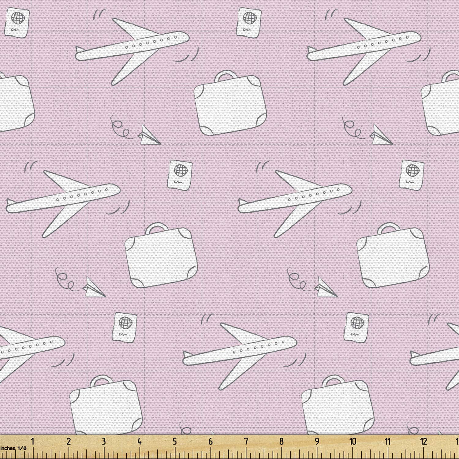 Ambesonne Travel Themed Fabric by The Yard - Pastel Luggage Suitcase Passport Doodle Pattern Decorative Material for Upholstery, DIY Projects, Home Decor (2 Yards, Pale Pink White) - Perfect for Crafting Travel-Themed Pillows, Curtains & Tote Bags