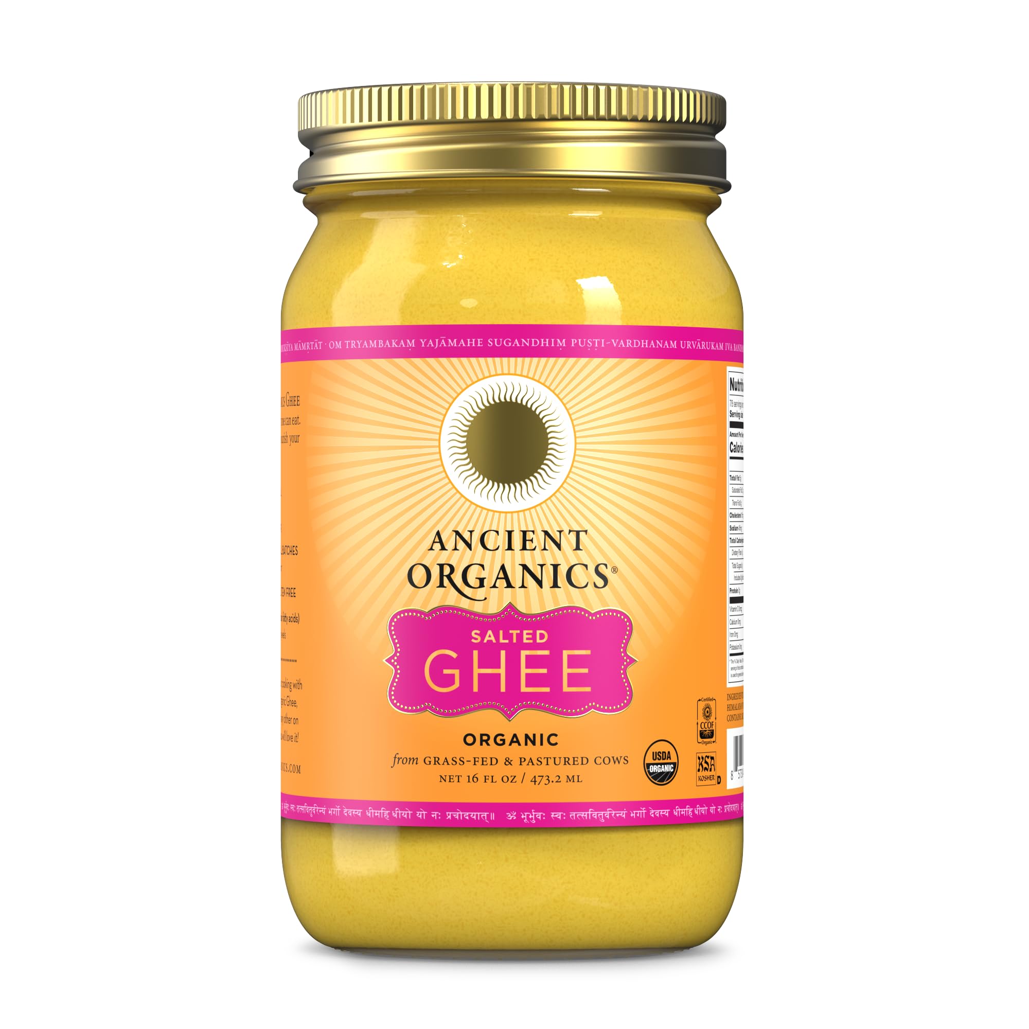 Organic Grass-Fed Ghee Butter - Ancient Organics Clarified Butter, 16 Fl Oz | Gluten-Free, Lactose-Reduced, USDA Certified, Kosher | Rich in Vitamins & Omegas | Perfect for Keto, Paleo & Ayurvedic Cooking