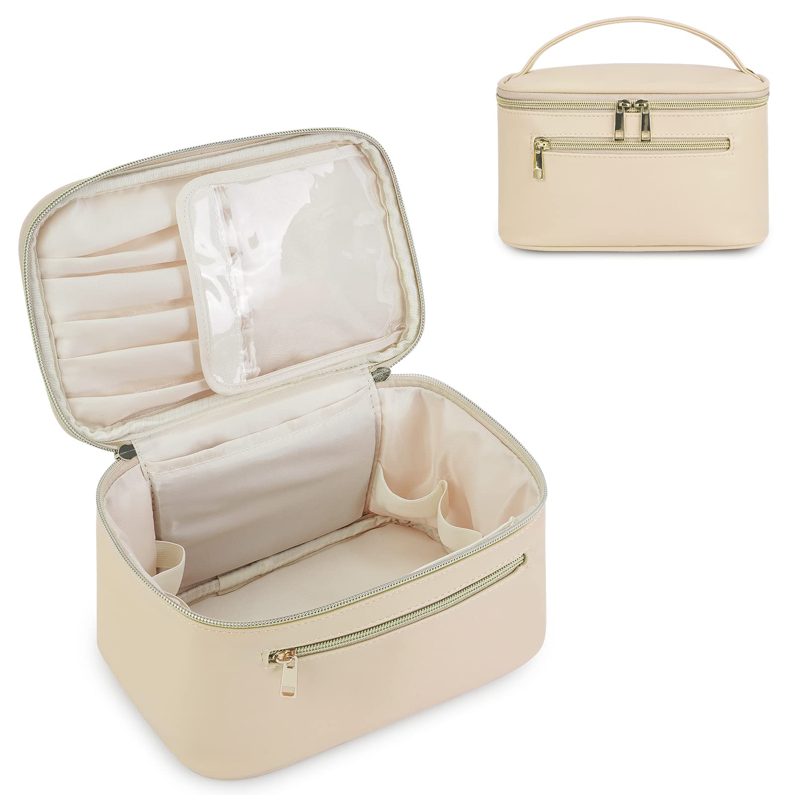 Eco-Friendly Vegan Leather Makeup Bag for Women - Travel Cosmetic Organizer with Brush Holder, Stylish Beige Wandering Nature Design | Perfect for Travel, Gym & Daily Use