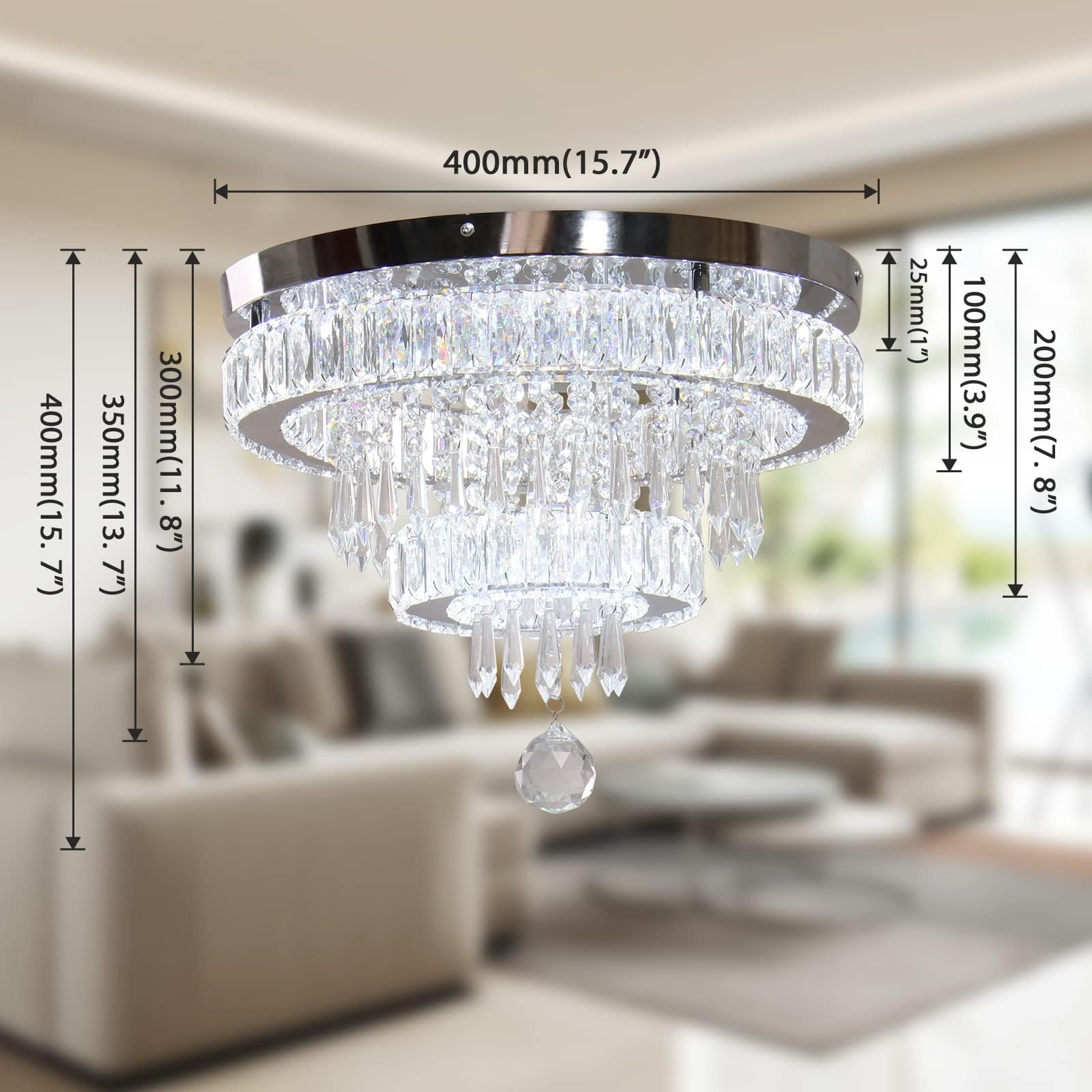 Modern Crystal Chandelier Flush Mount Ceiling Light - 16 Inch Dimmable LED Lighting Fixture with Remote Control for Bedroom, Dining Room, Living Room - Elegant Home Decor & Wedding Venue Lighting