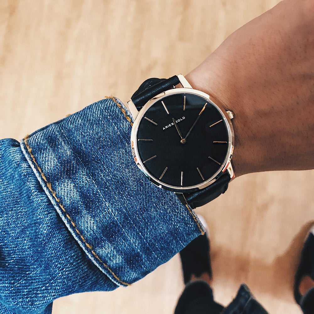 ARIES GOLD URBAN SANTOS G 1022 G BK Black Leather Strap Men's Watch - Luxury Dress Watch for Business & Formal Occasions