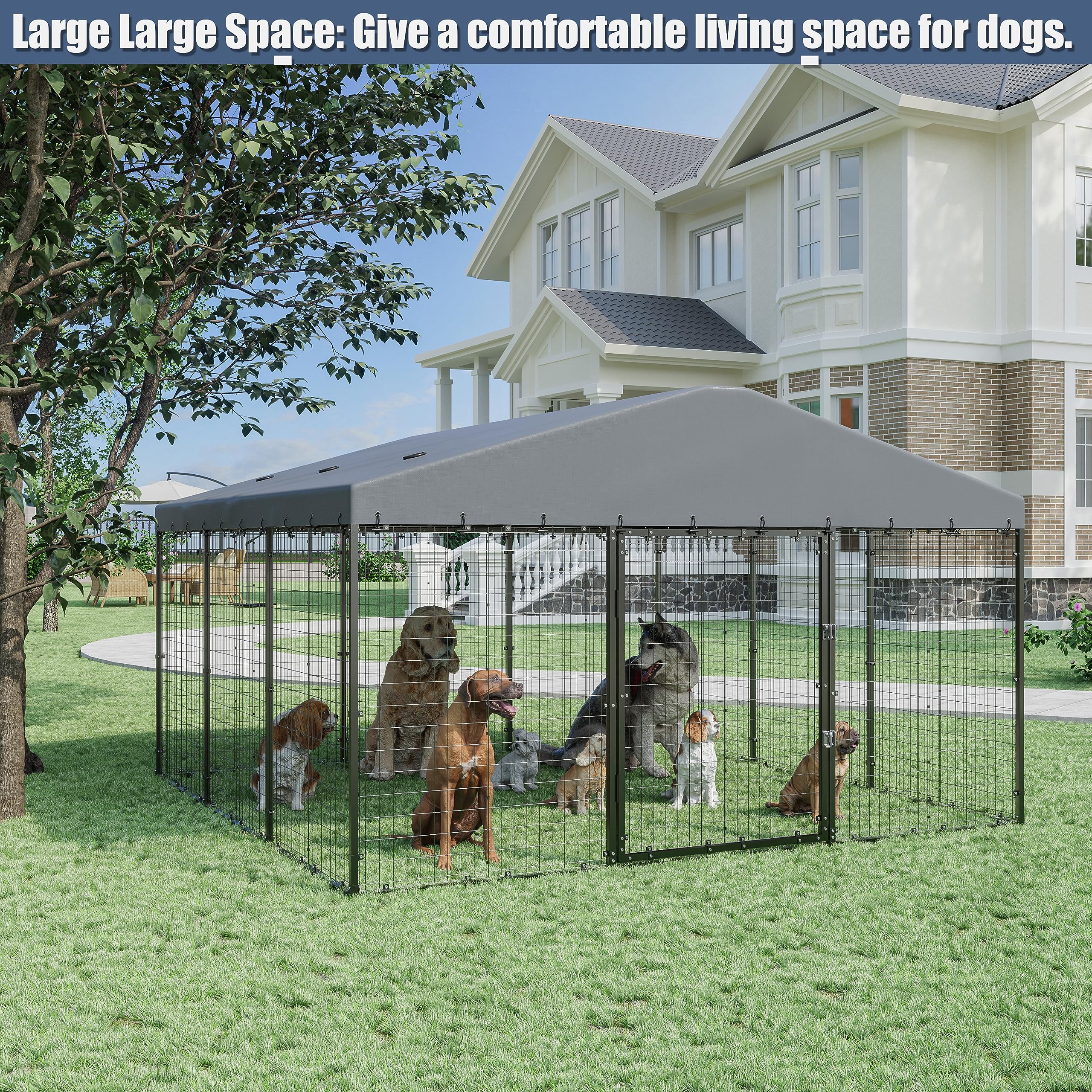 Large Heavy Duty Outdoor Dog Kennel with Roof - Galvanized Steel Dog Cage for Big Dogs, Secure Fence Pen with Ground Nails & Double Safety Rotating Door Lock - Perfect for Backyard, Kennel Training, and Pet Safety