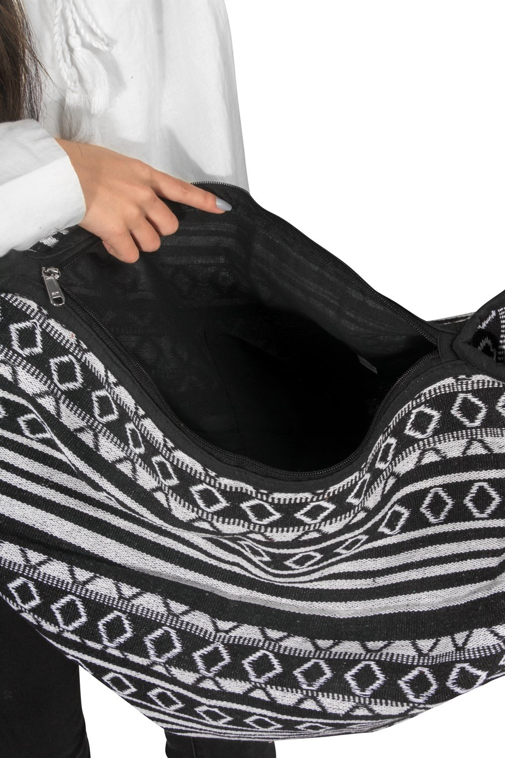 Stylish Tribe Azure Jacquard Cotton Shoulder Tote Bag - Banana Hobo Design for Women, Fashionable Casual Market Purse (Black & White) - Perfect for Travel, Shopping & Everyday Use