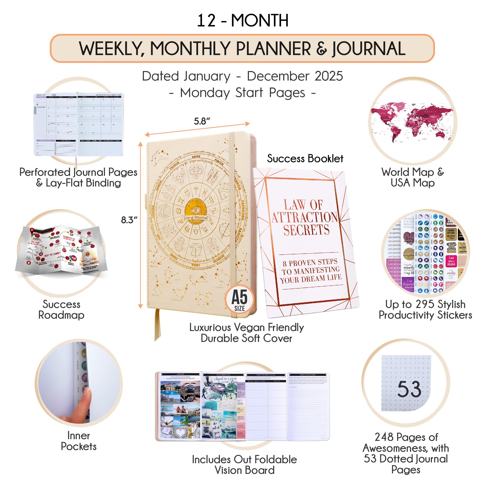 2025 Law of Attraction Planner - Hourly, Weekly & Monthly Goal Setting Organizer | 12-Month Productivity Journal with Gratitude Tracking, Foldable Vision Board, Gift Box & Stickers - Perfect for Manifestation, Self-Improvement & Daily Planning