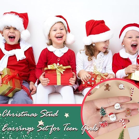 Christmas Earrings for Women - Cute Holiday Stud Earrings Set with Christmas Tree, Bow, Santa, Elk, Snowman & Candy Designs | Perfect Christmas Jewelry Gifts & Stocking Stuffers for Parties, Office Celebrations & Festive Outfits