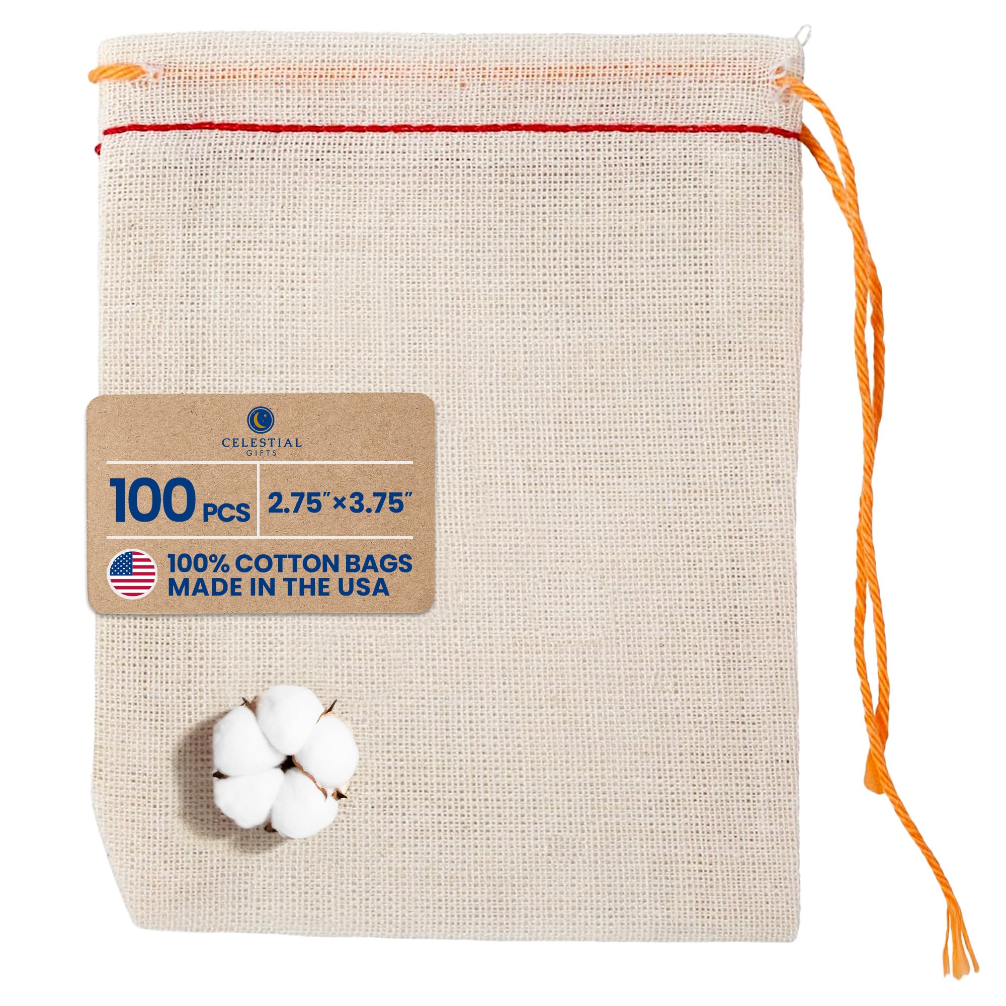 100pcs Small Muslin Drawstring Bags 2.75x3.75 Inch - 100% Cotton Reusable Tea Bags & Jewelry Gift Pouches - Handmade in USA (Red Hem & Orange Drawstring) - Perfect for DIY Crafts, Wedding Favors, Spice Storage & Essential Oil Sachets