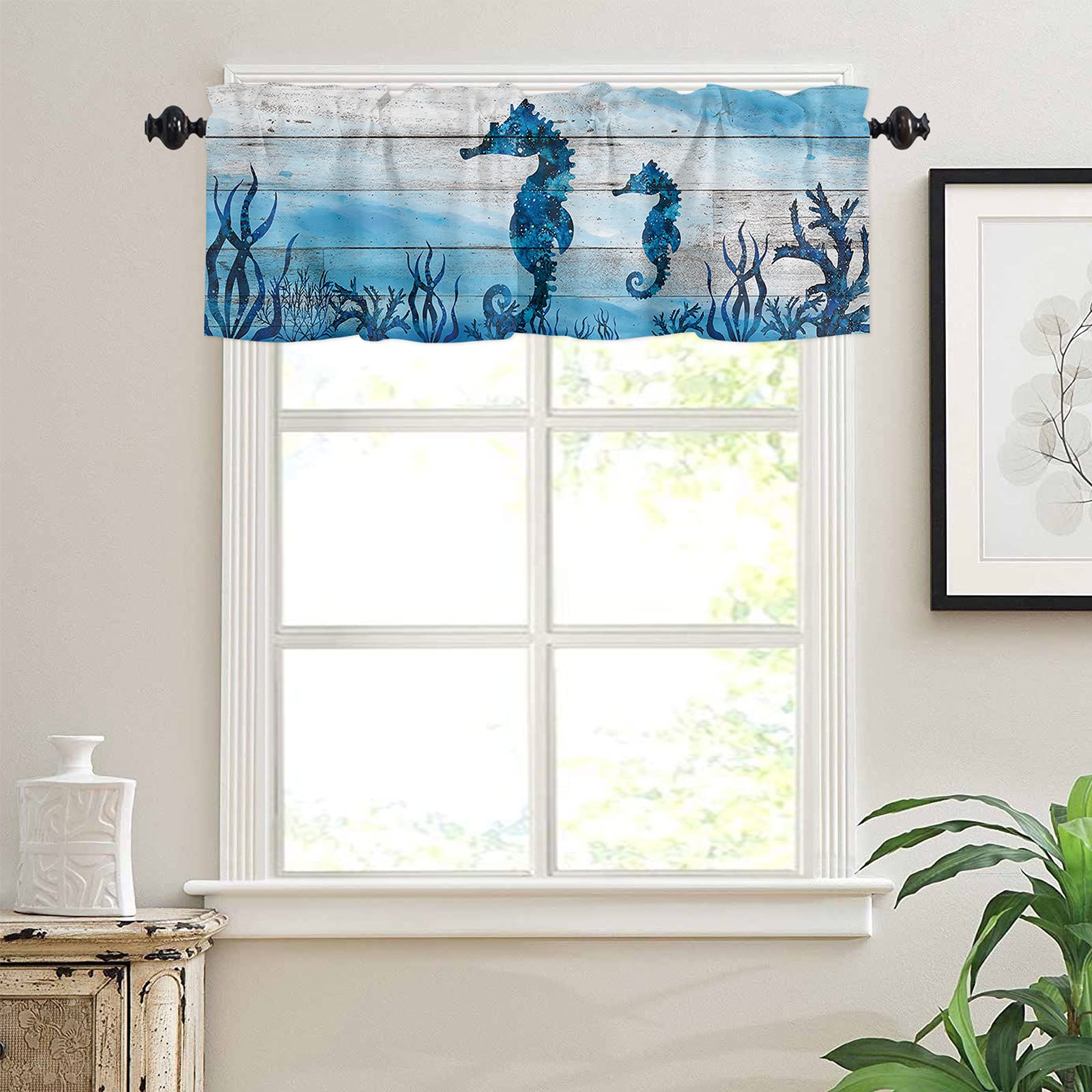 Retro Farmhouse Wood Grain Rod Pocket Window Valance Curtain Panel - Kitchen, Living Room, Bedroom Drape Treatment - Short Topper Cafe Curtains with Ocean Seafish Seahorses Design for Coastal & Cottage Style Decor