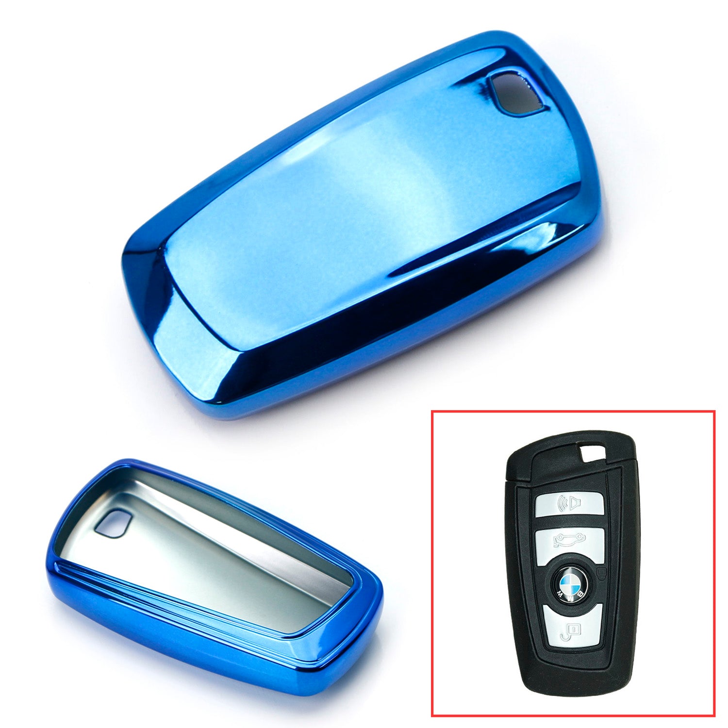 Premium Chrome Blue TPU Key Fob Cover Case for BMW 1/2/3/4/5/6/7 Series & X1/X3/X4 Models - 4 Button Remote Key Protector - Durable & Stylish Car Accessory for Daily Use & Travel Protection