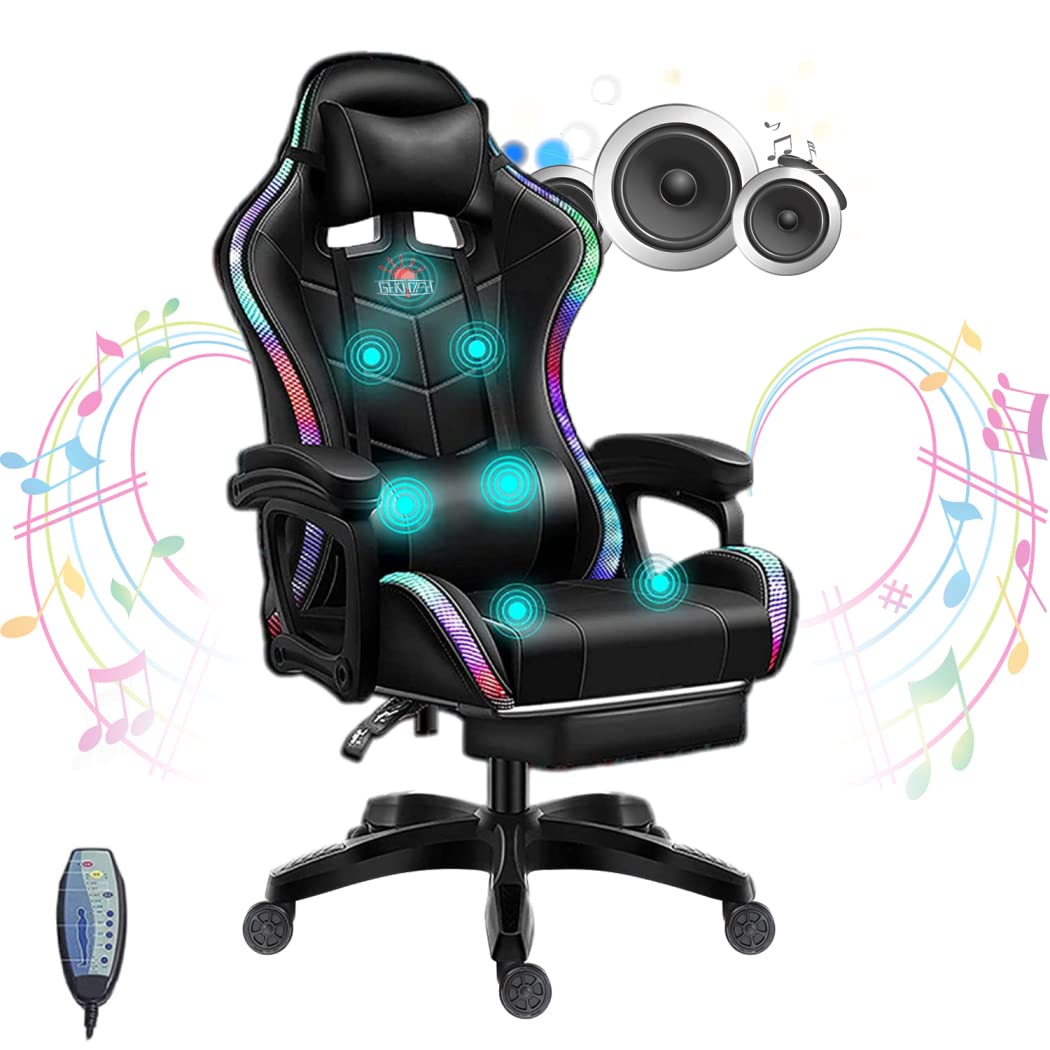 Ergonomic Gaming Chair with Built-in Speakers & RGB LED Lights - PU Leather Computer Chair with Massage, Adjustable Footrest & Lumbar Support for Adults & Teens - Perfect for Esports, Streaming & Home Office (Black)