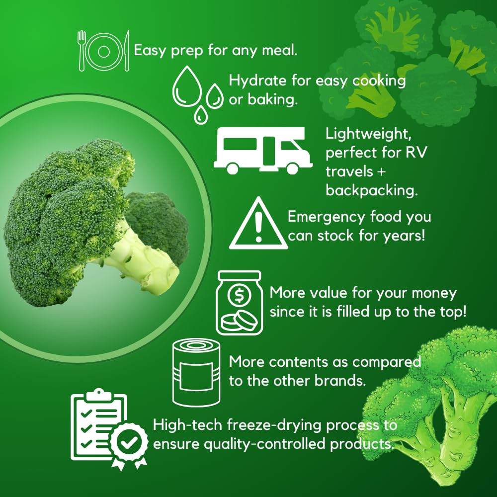 Premium Freeze-Dried Broccoli Florets - 5.9oz #10 Can | Emergency Food Supply, Survival Food with 25-Year Shelf Life | Pantry Staples for Camping, Hiking & Natural Disasters