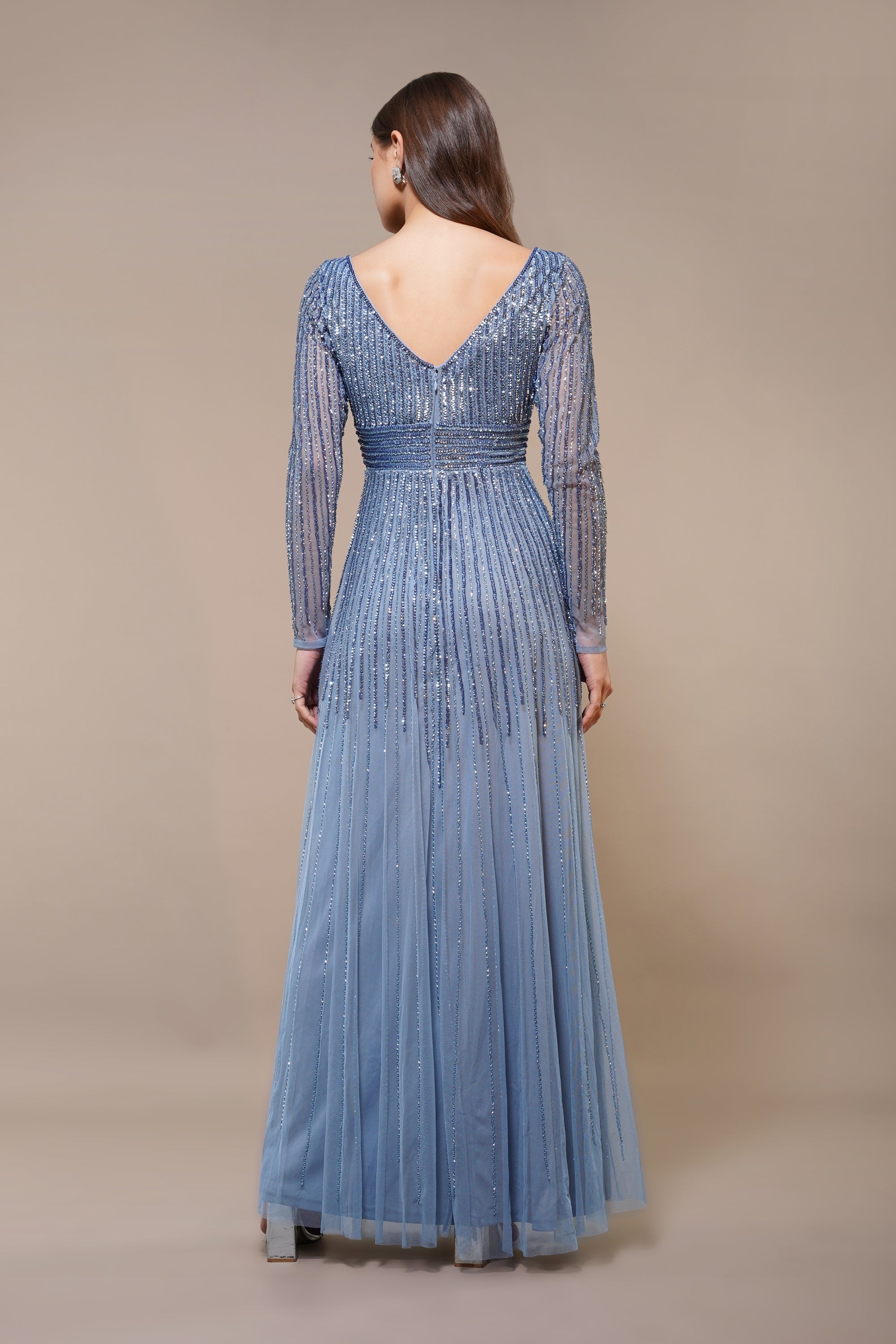 Laura Embellished Maxi Dress in Powder Blue - Elegant Floral Lace Evening Gown for Women, Perfect for Weddings, Prom, and Special Occasions