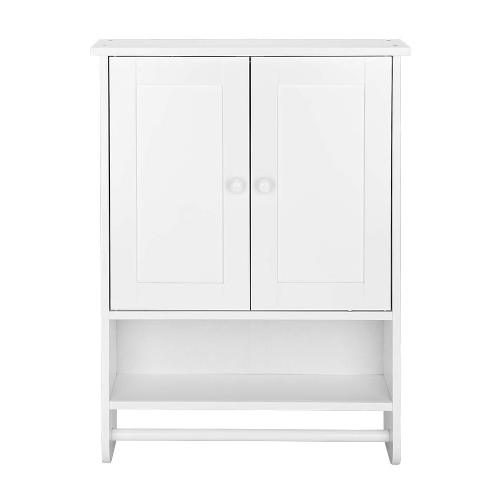 White Double Door Bathroom Wall Cabinet with Towel Bar - Hanging Medicine Storage Organizer for Bathroom & Kitchen - Perfect for Small Space Organization, Bath Essentials Storage, and Home Decor