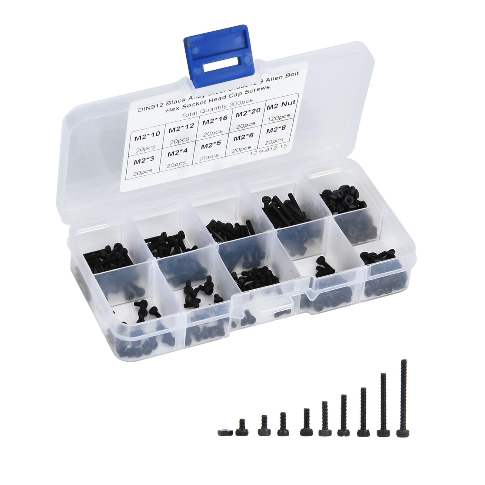 M2 Hex Socket Screw Bolt Nut Kit - 300PCS 12.9 Grade Alloy Steel for DIY & Repair
