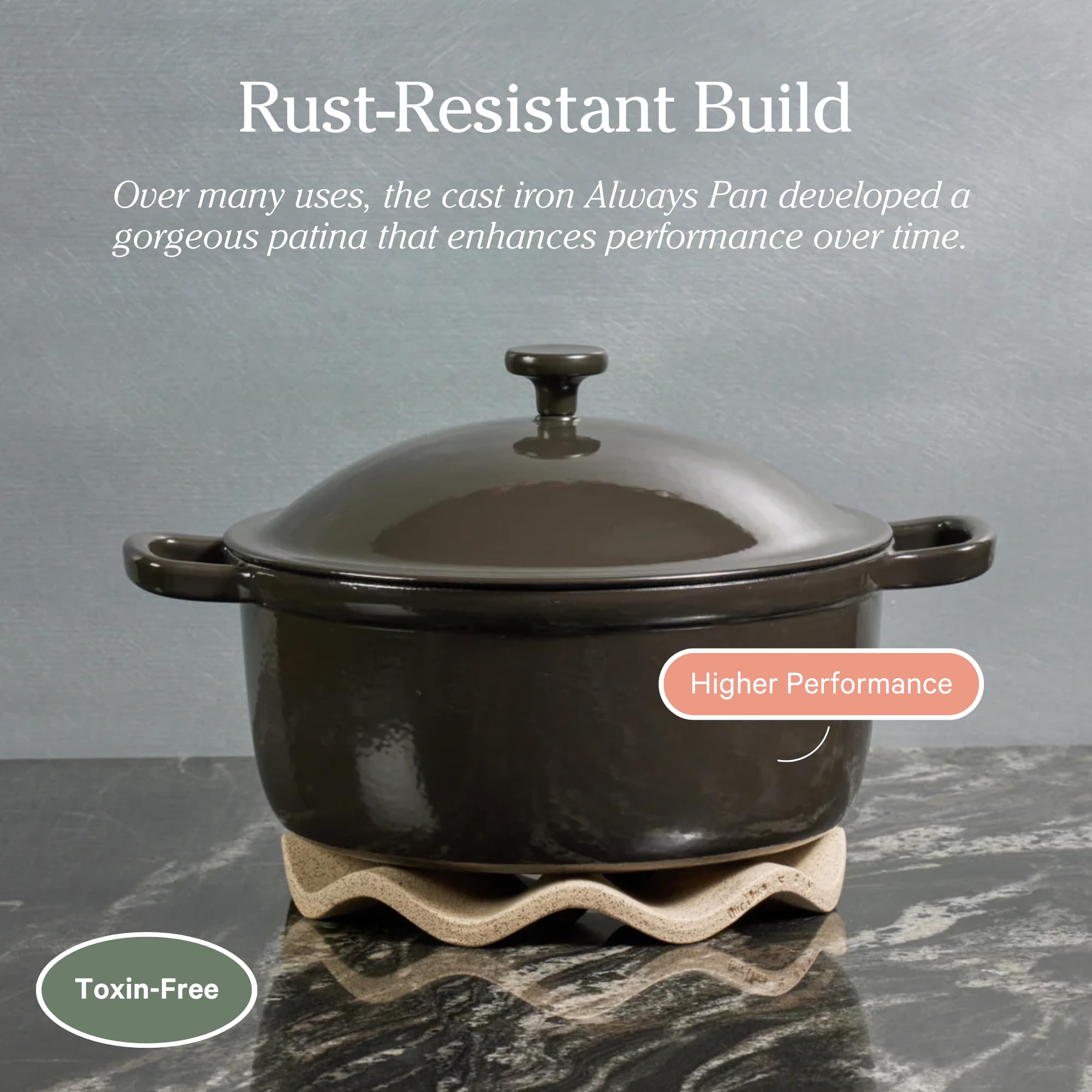Our Place 6-in-1 Enameled Cast Iron Dutch Oven - 5.5 Quart Non-Toxic Cookware with Self-Basting Lid, Hot Grips & Beechwood Scraper - Induction & Oven Safe Blue Salt Pot - Perfect for Soups, Stews, Braising & Family Dinners