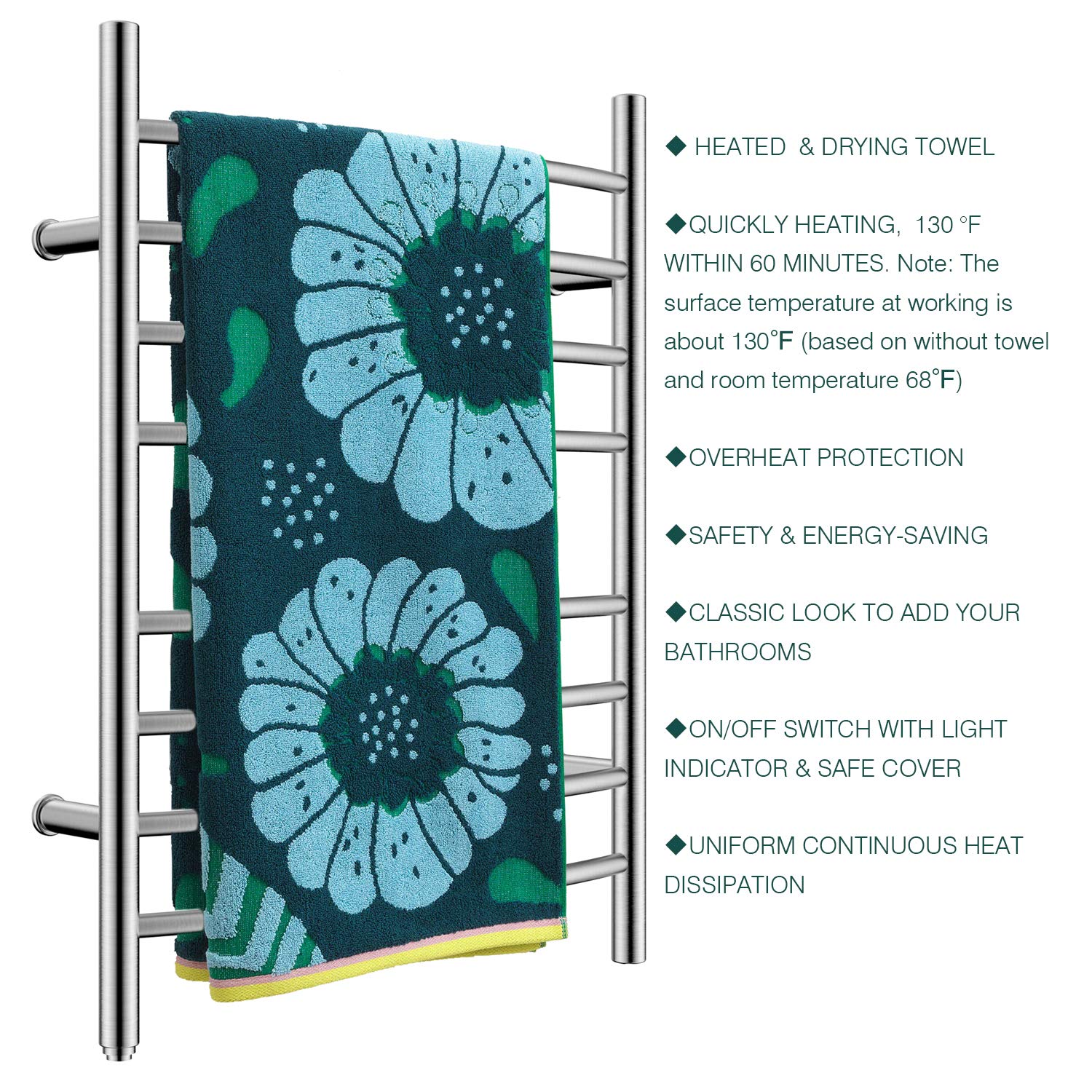 HEATGENE 8 Bar Electric Towel Warmer - Brushed Stainless Steel Bathroom Heated Towel Rack with Curved Design & Plug-in Drying Function | Perfect for Spa, Luxury Bathrooms & Cold Weather Comfort