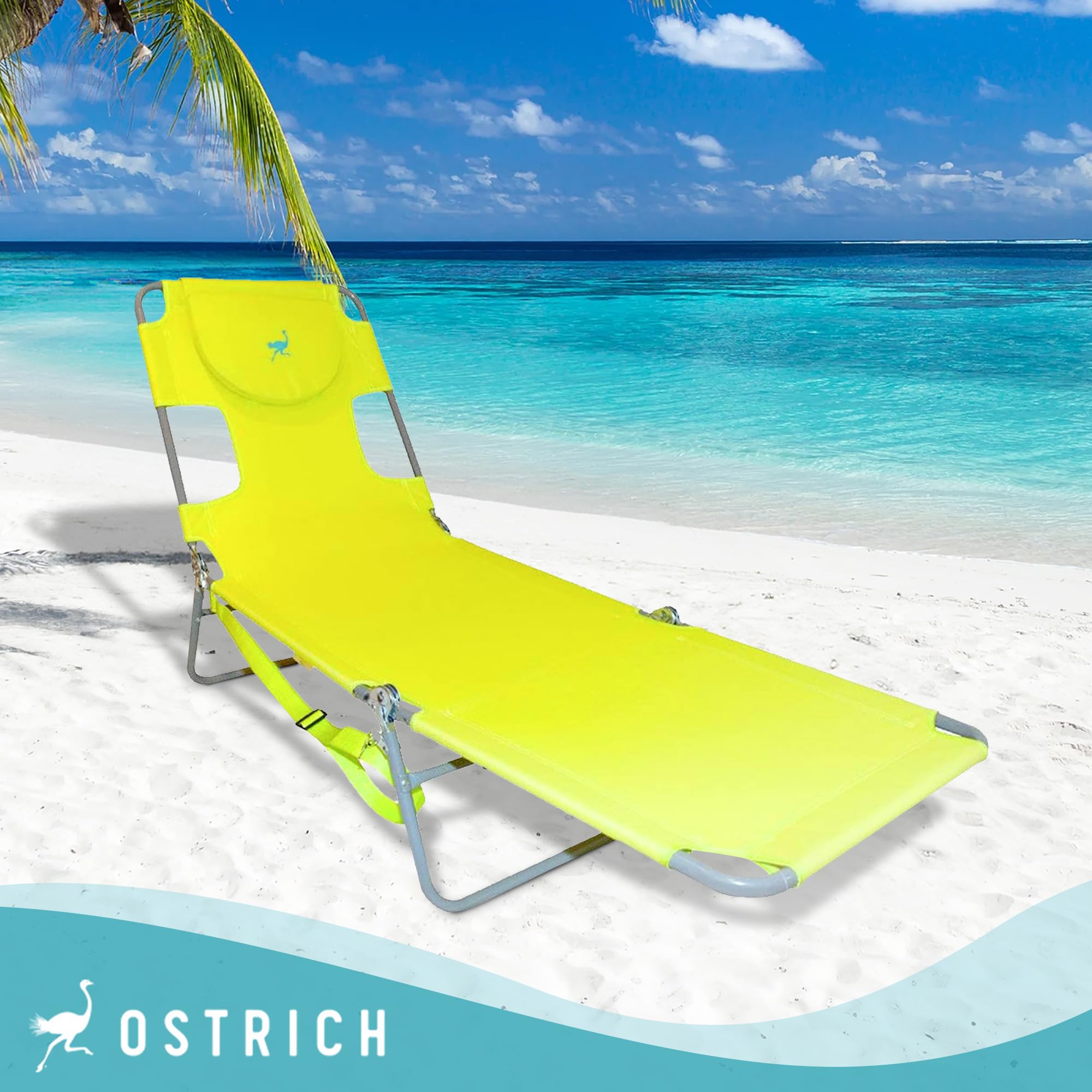 Portable Folding Ostrich Chaise Lounge Chair - 3 Position Adjustable Outdoor Recliner for Beach, Patio, Camping & Poolside with Carrying Strap - Neon Green (Set of 3) - Perfect for Relaxing in Sun, Backyard Lounging & Vacation Getaways