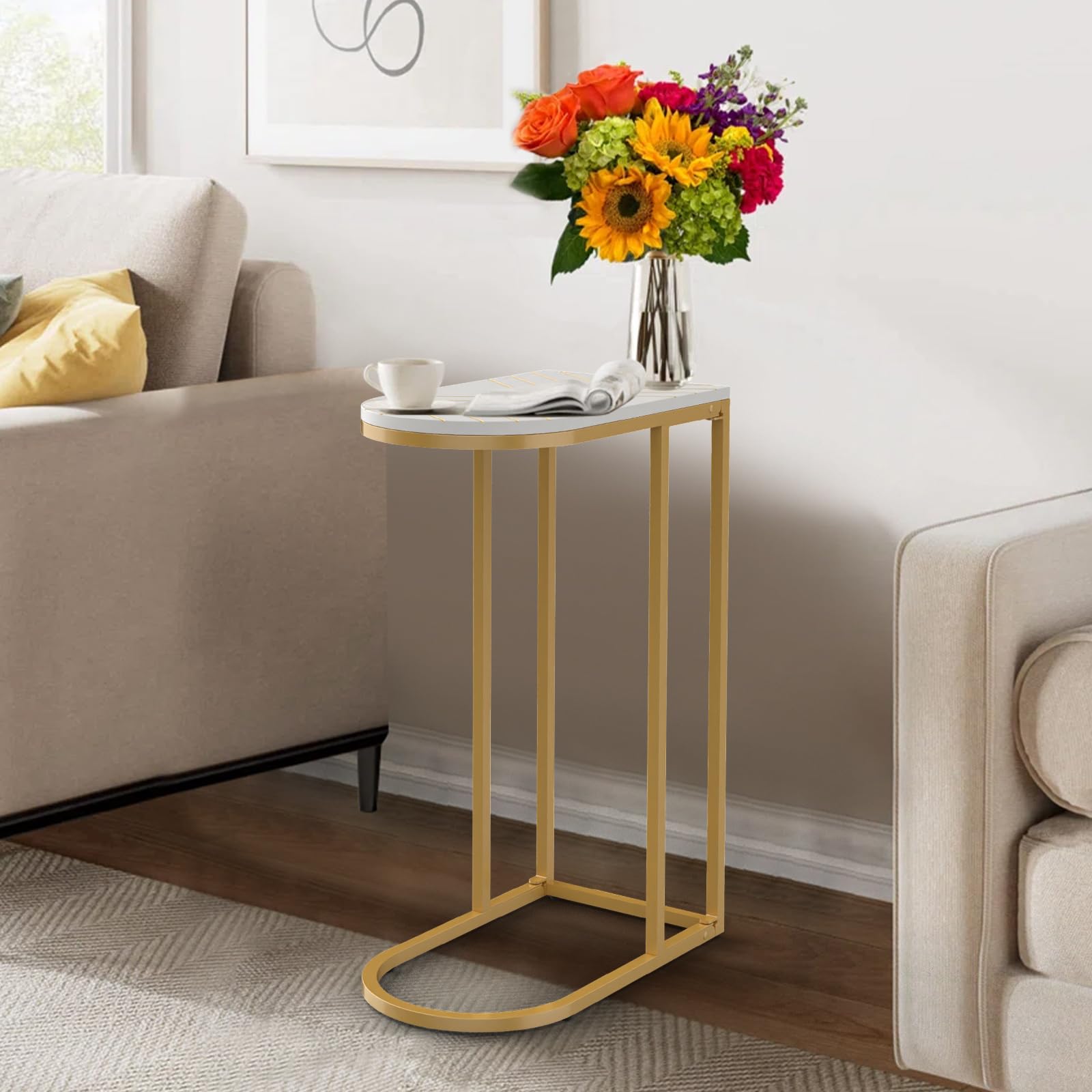 RiteSune Gold Folding C-Shaped End Table - Space Saving TV Tray & Snack Table with Metal Frame - Slide Under Couch Side Table for Living Room, Bedroom - Perfect as Sofa-Side Laptop Desk for Small Spaces